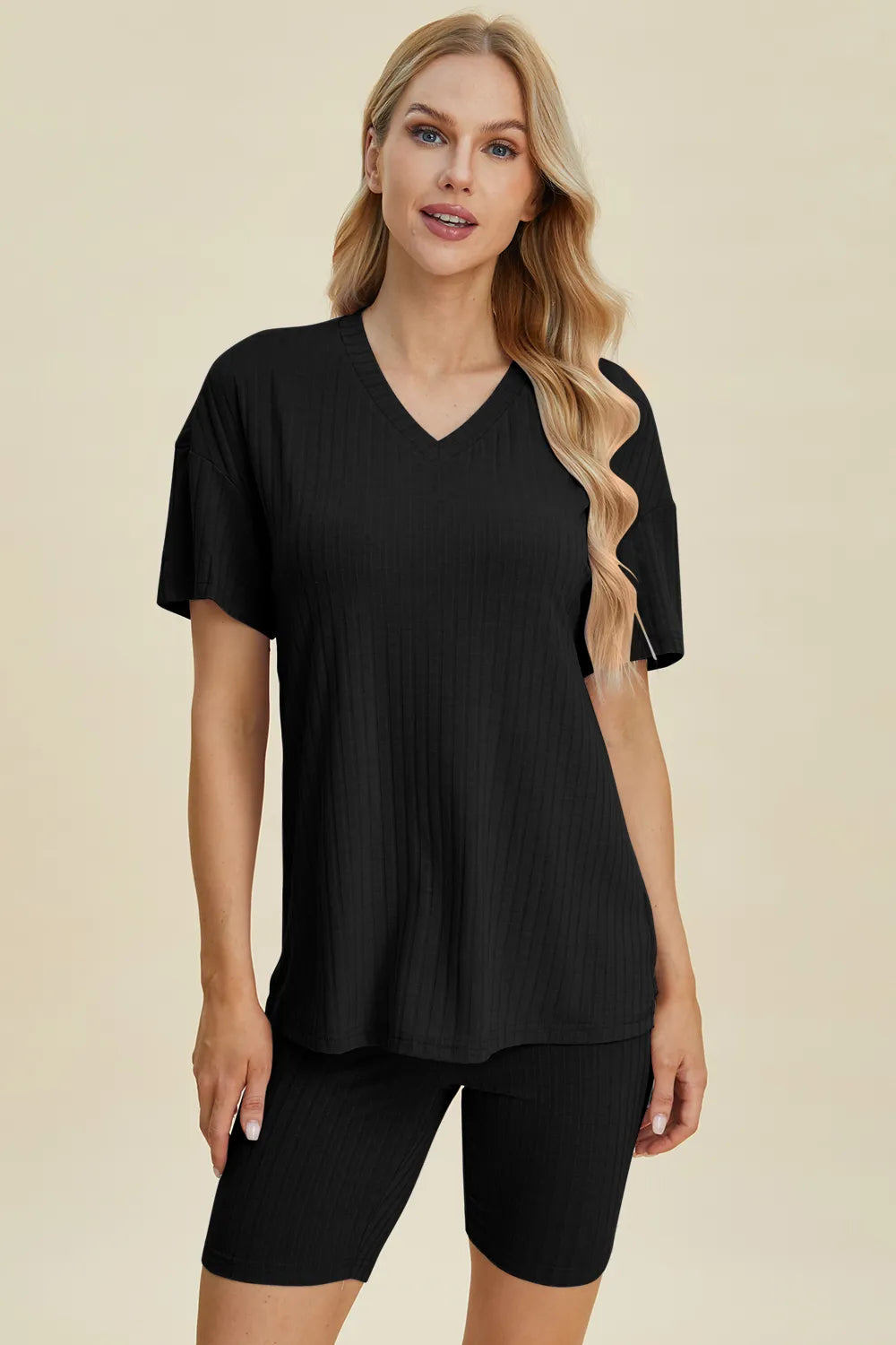 Plus Size Ribbed V-Neck Short Sleeve Top and Shorts Set in Blue for Women