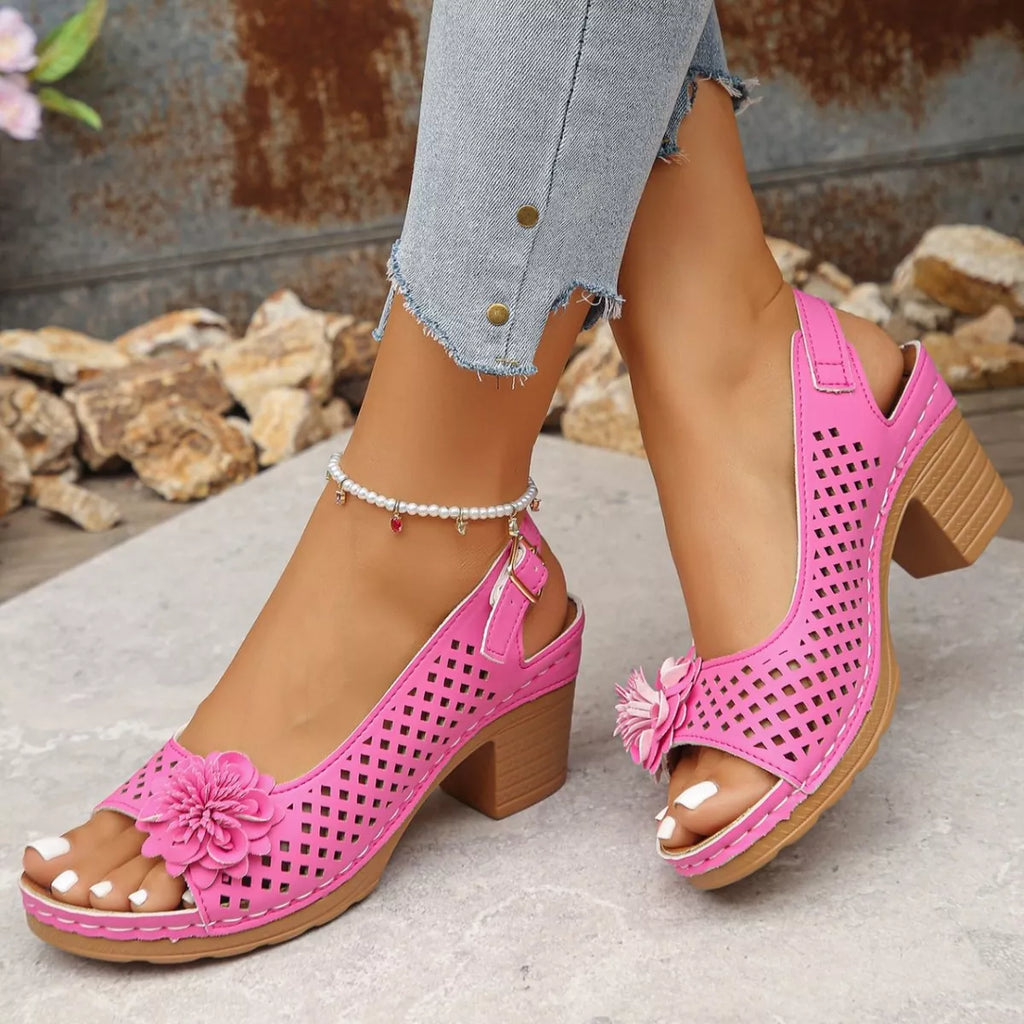 Floral Accent Block Heel Sandals in Black for Women