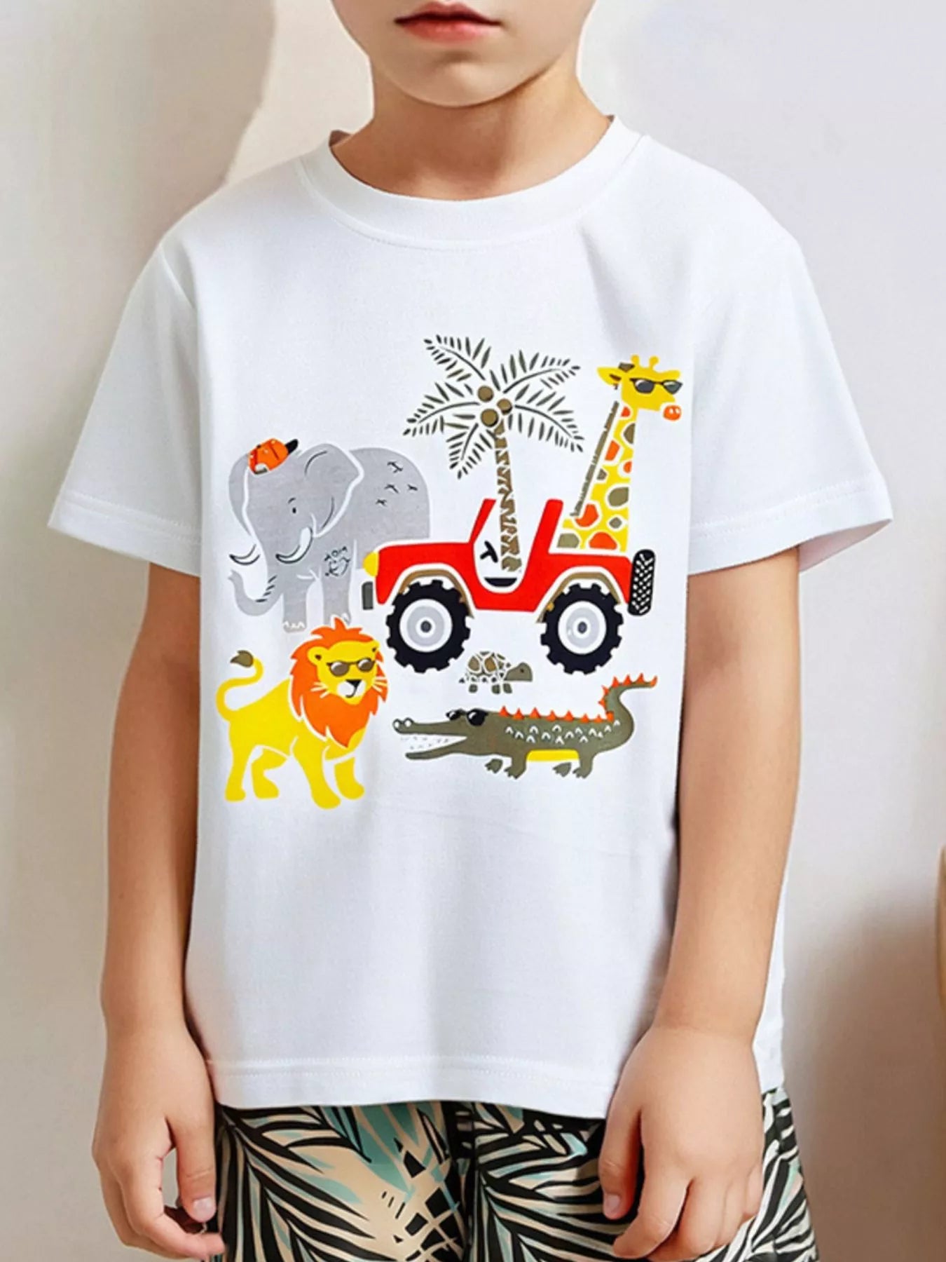 Animal Graphic Tee and Shorts Set in White for Boys