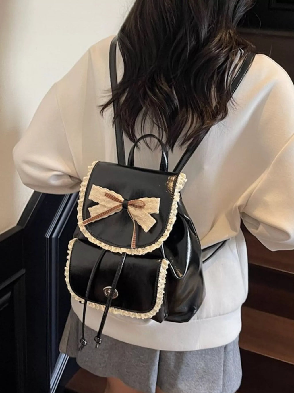 Lace Trim Bow Decor Backpack Bag for Women