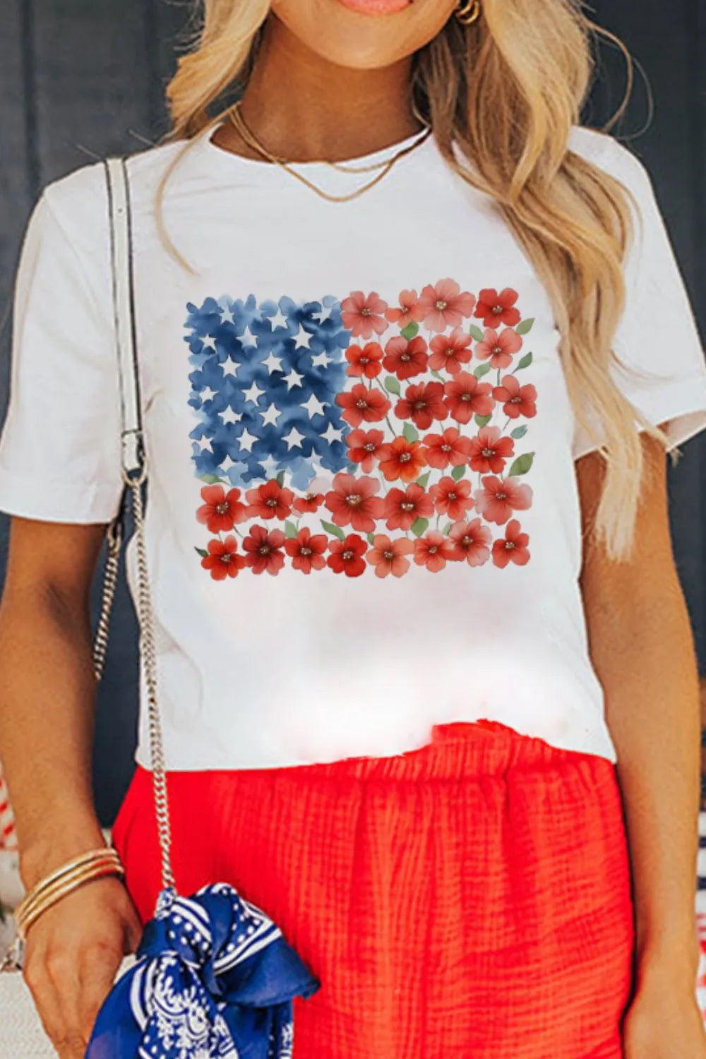 Star Floral American Flag Printed T-Shirt in White for Women