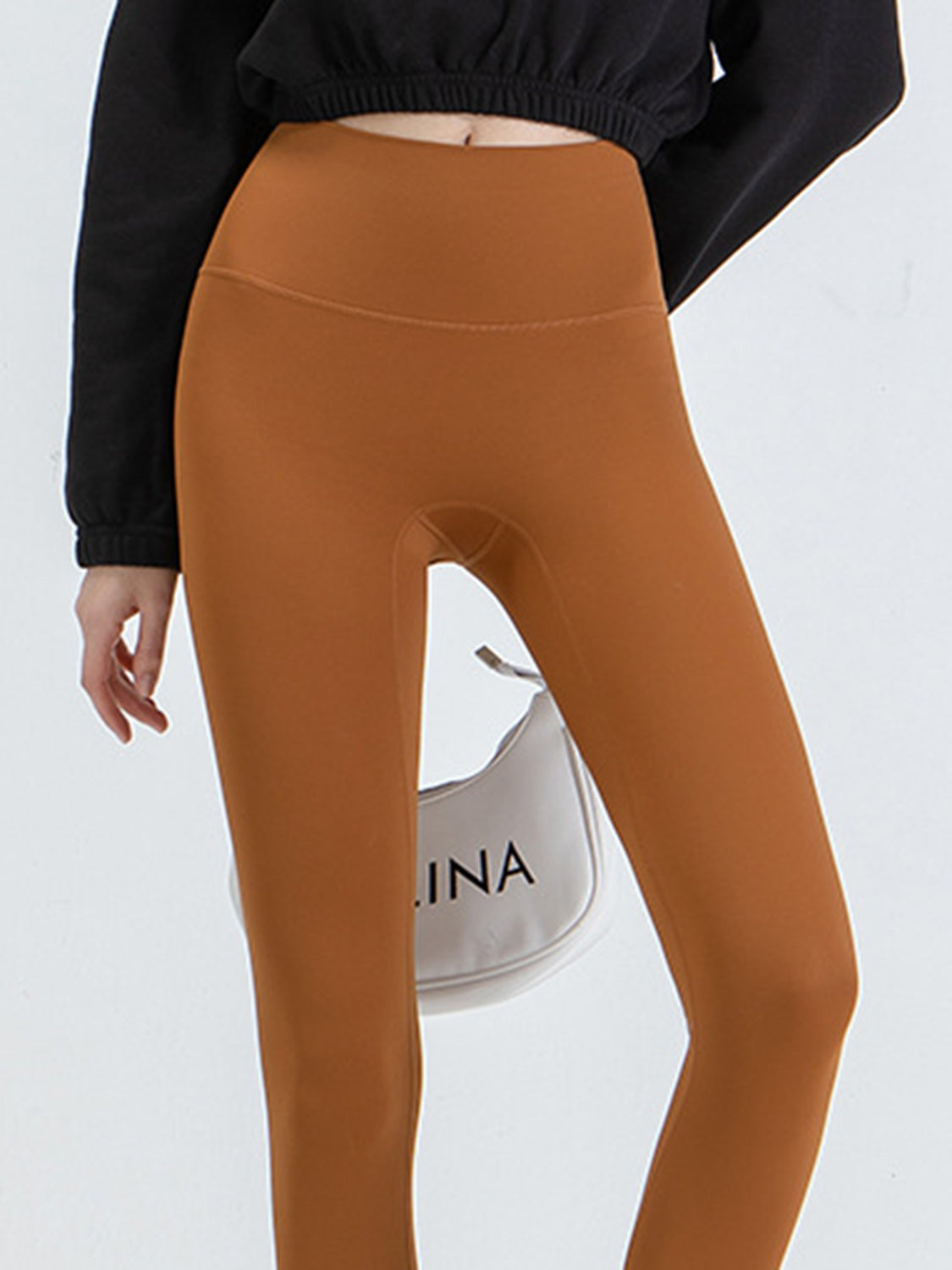 Wide Waistband Sports Leggings in Mocha in Charcoal for Women