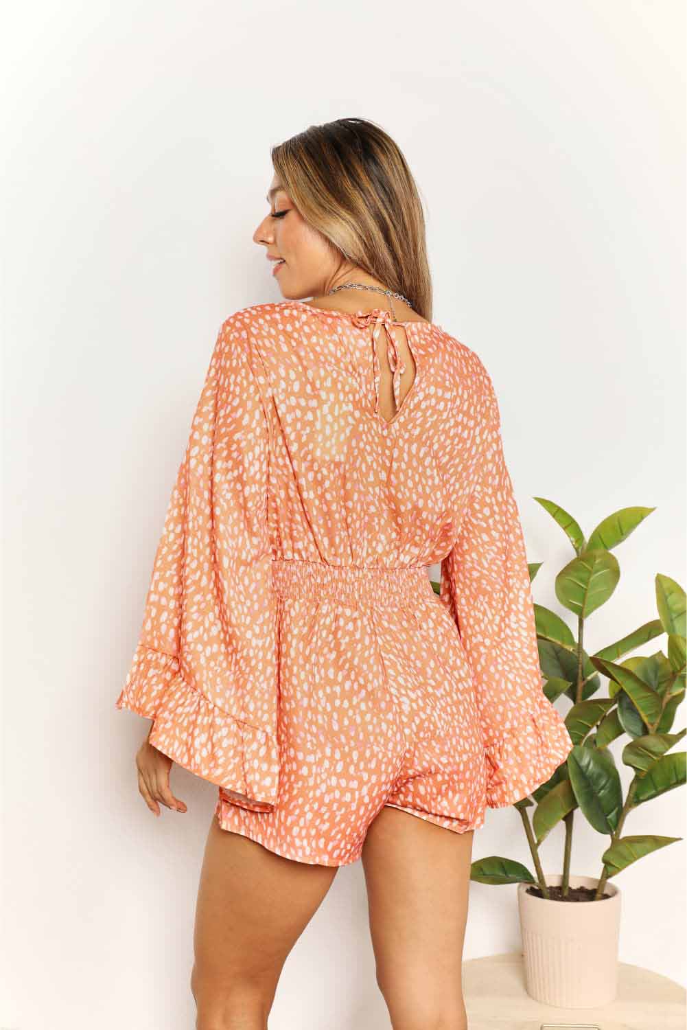Printed Flare Sleeve Surplice Romper in Tangerine for Women