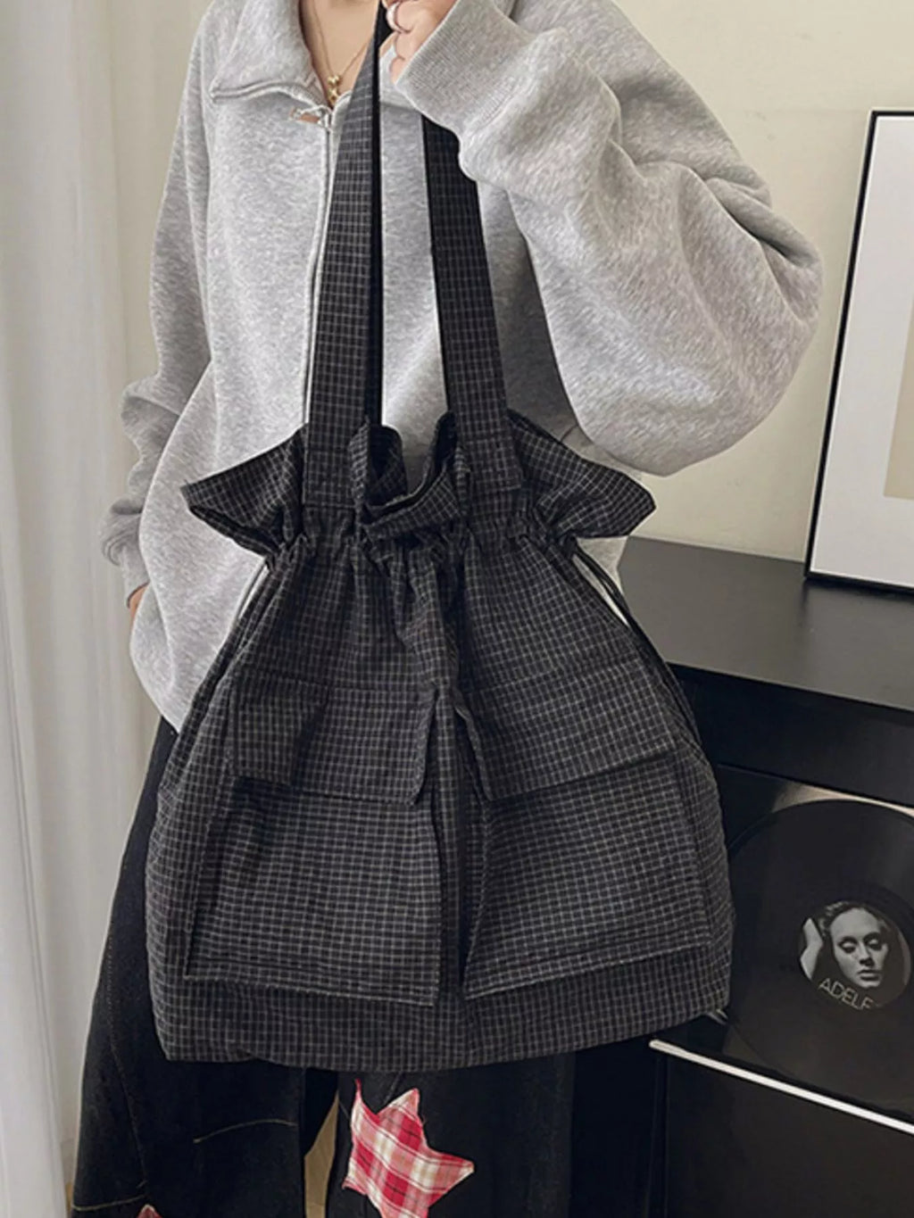 Convertible Plaid Drawstring Backpack Bag for Women