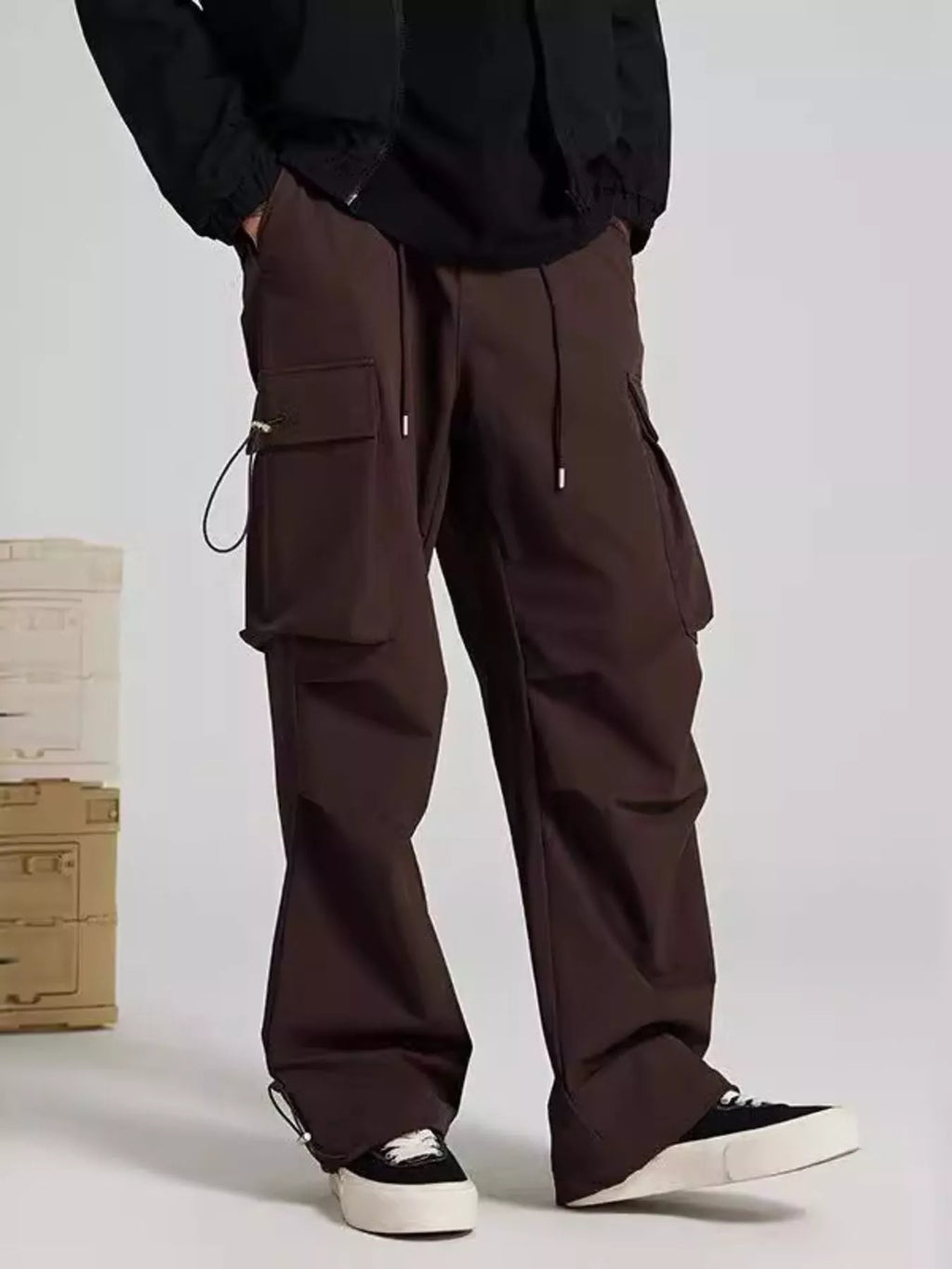 Wide Leg Pants with Cargo Pockets in Black for Men