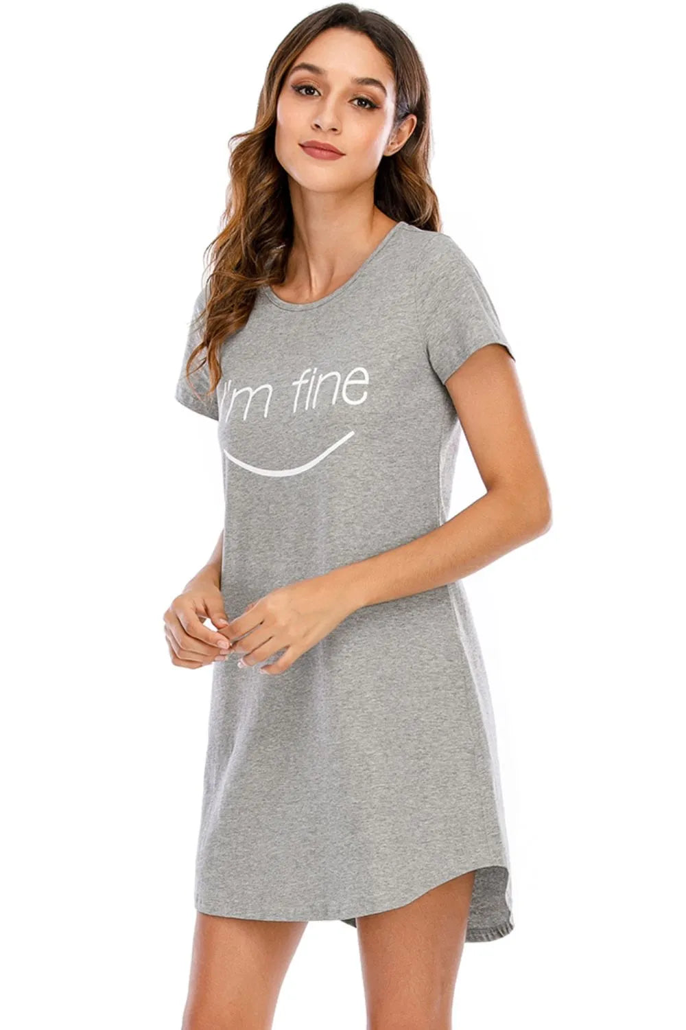 Graphic Round Neck Short Sleeve Lounge Dress in Gray for Women