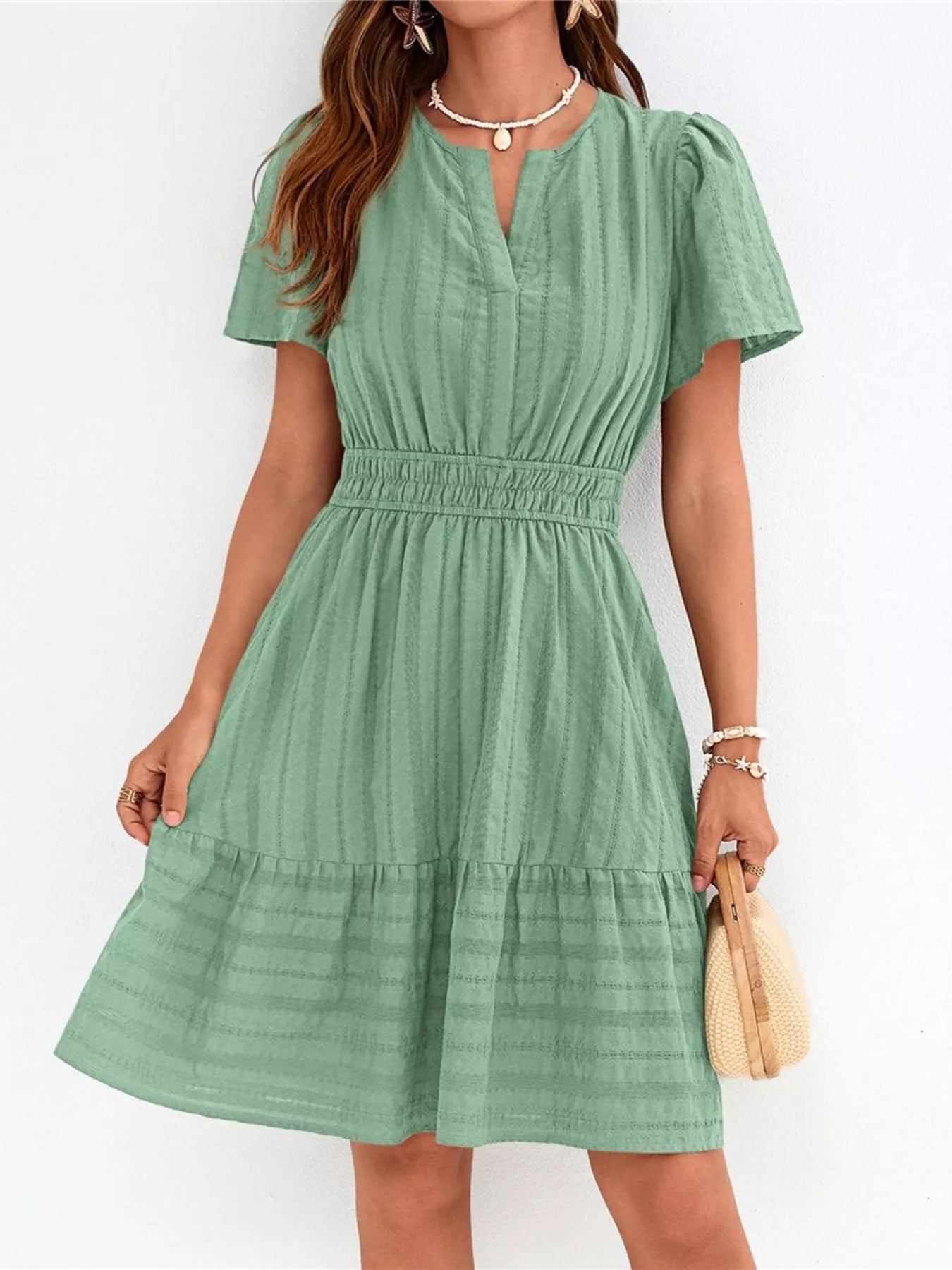 Short Sleeve Smocked Waist Tiered Dress in Yellow for Women
