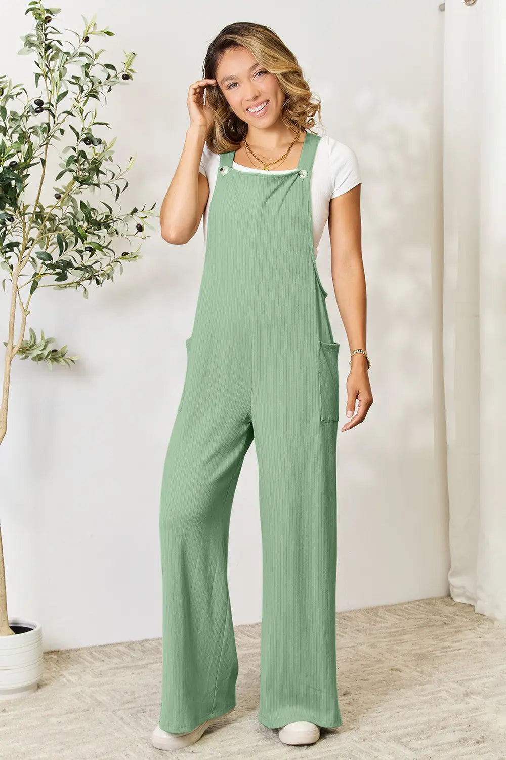 Plus Size Wide Strap Overall with Pockets in Gum Leaf for Women