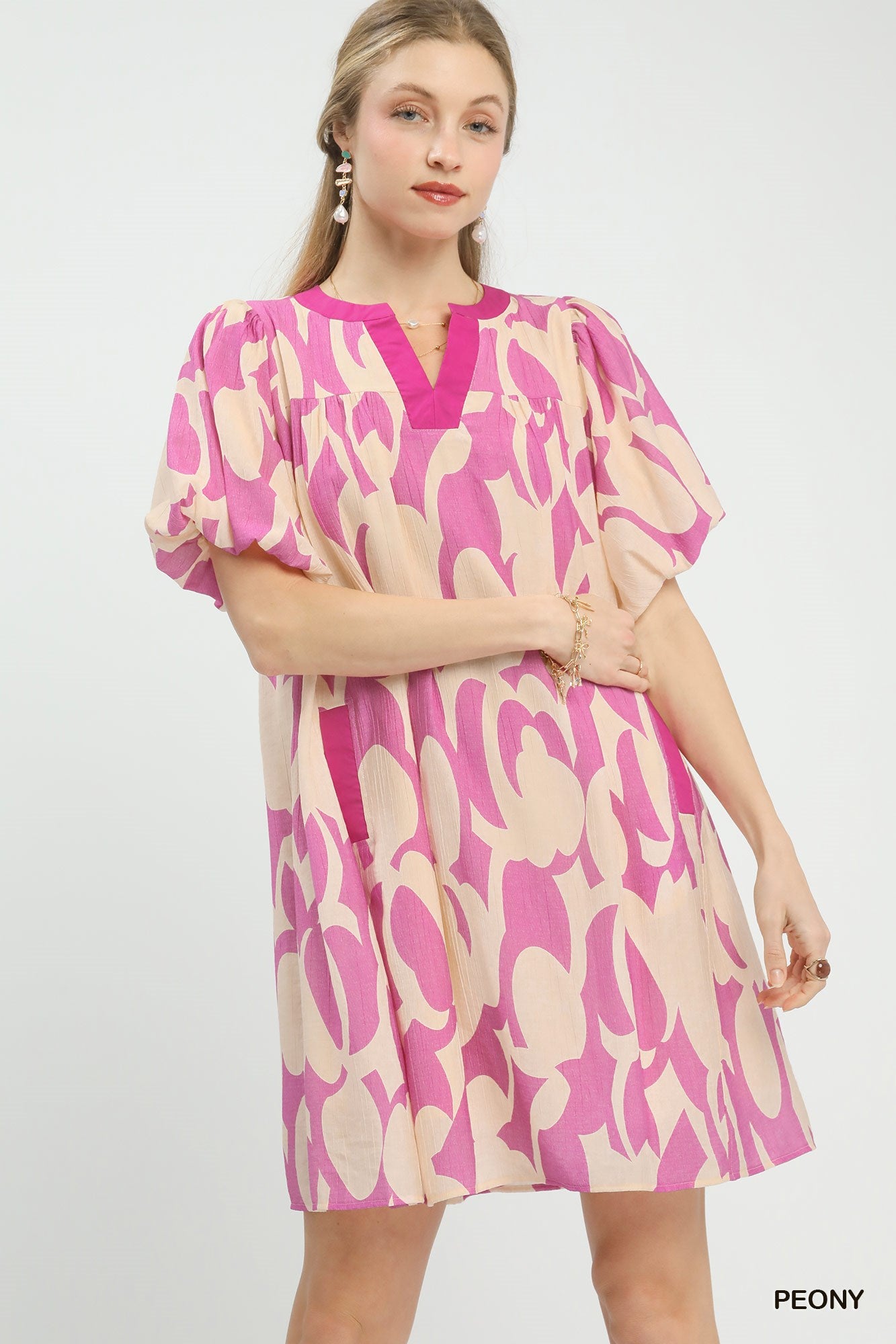 Abstract Print Puff Sleeve Shift Dress in Peony for Women