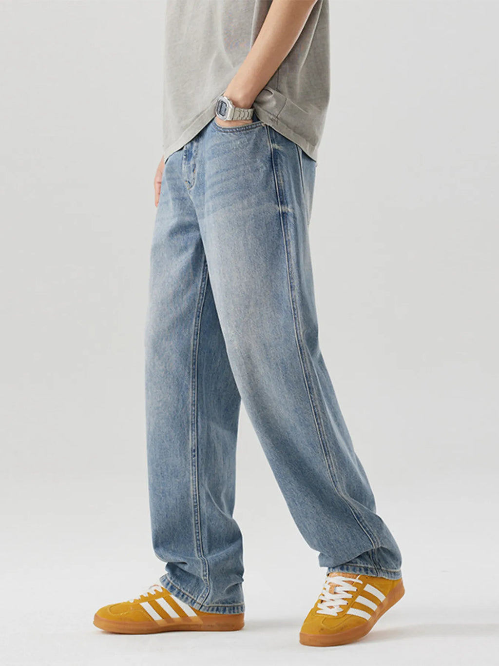 Casual Loose Fit Wash Jeans in Light Blue for Men
