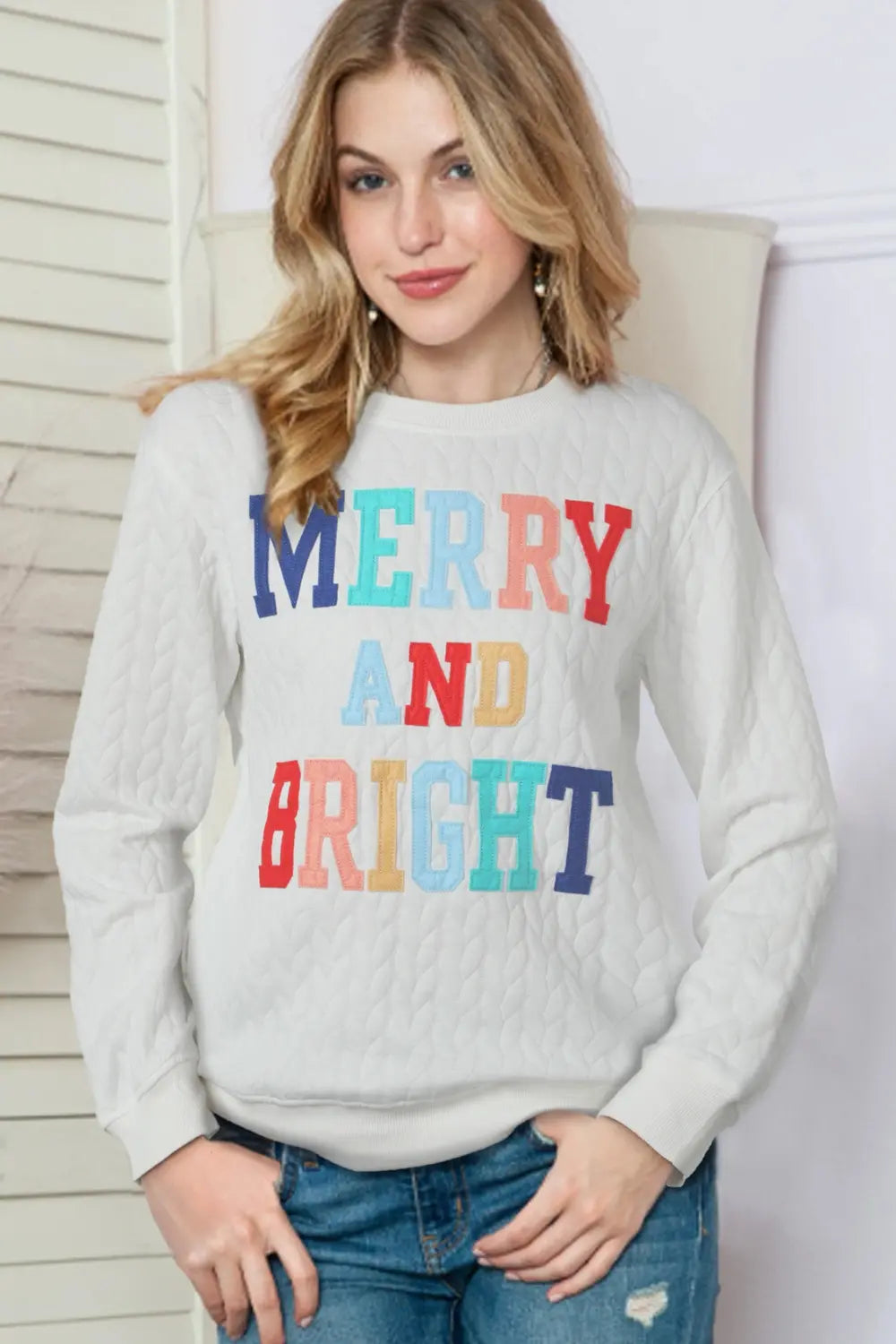 Plus Size Merry and Cable Knit Pullover Sweatshirt in White for Women