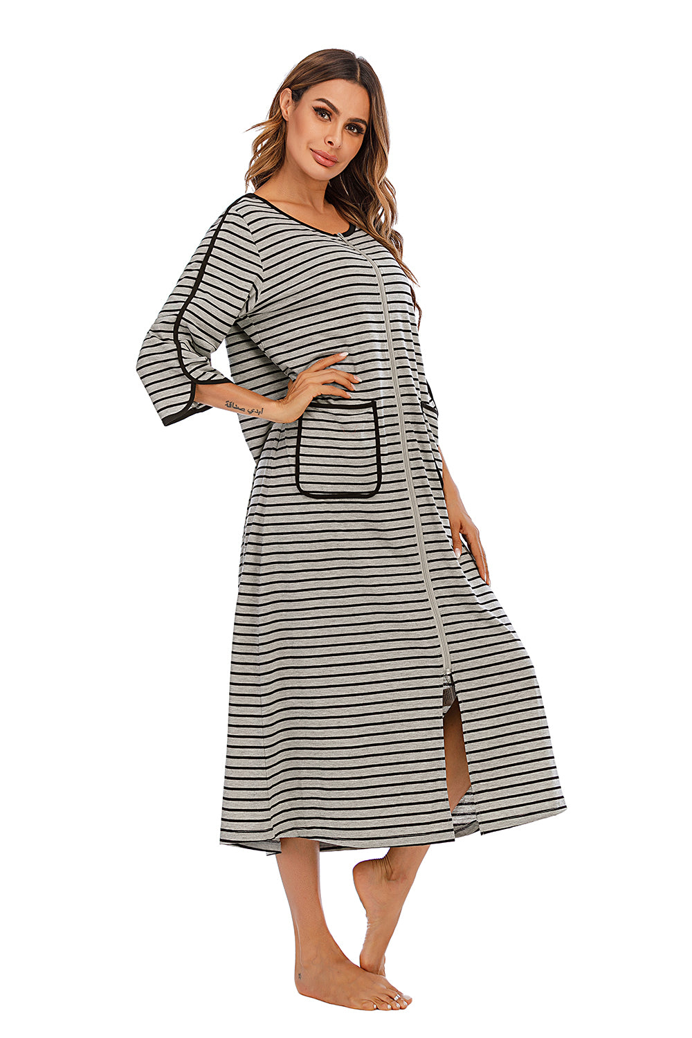 Round Neck Three-Quarter Sleeve Midi Night Dress in Charcoal for Women