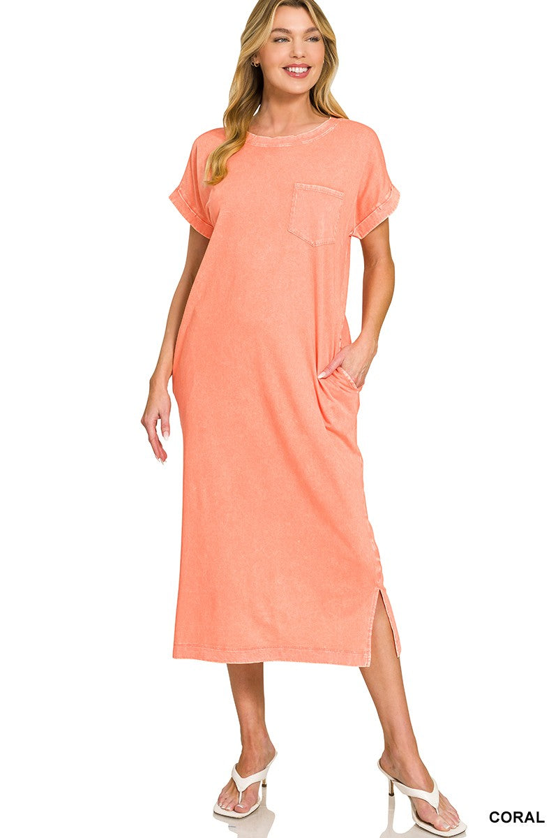 Washed Exposed Seam Short Sleeve T-Shirt Dress in Coral for Women