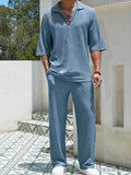Johnny Collar Half Sleeve Top and Pants Set in Dusty Blue for Men