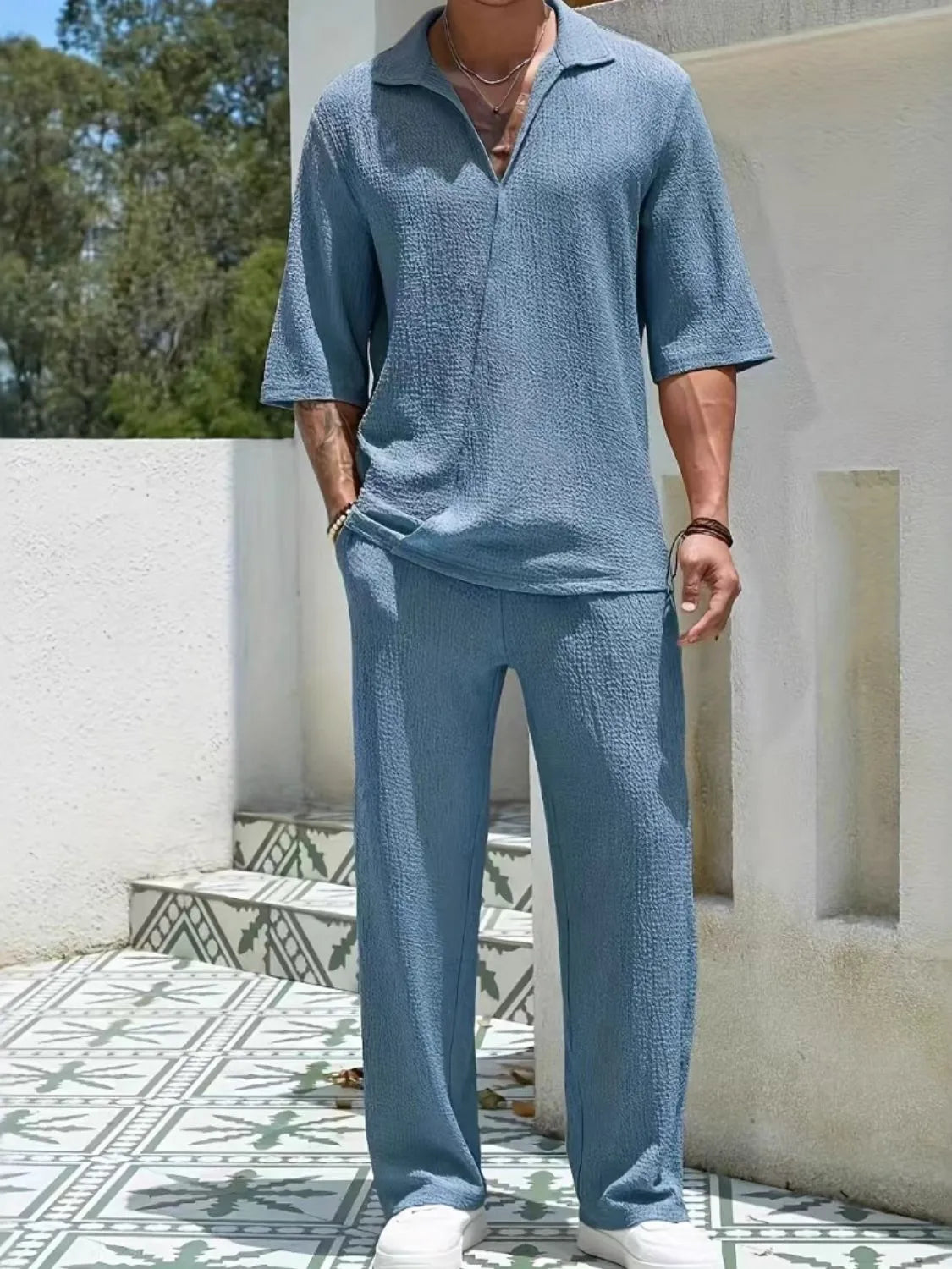 Johnny Collar Half Sleeve Top and Pants Set in Dusty Blue for Men