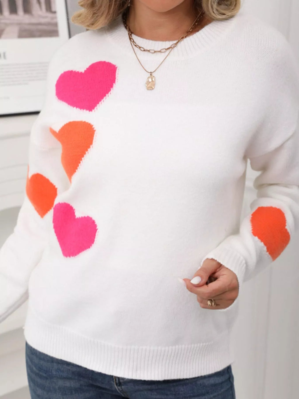 Valentines Day Heart Pattern Round Neck Sweater in Black for Women