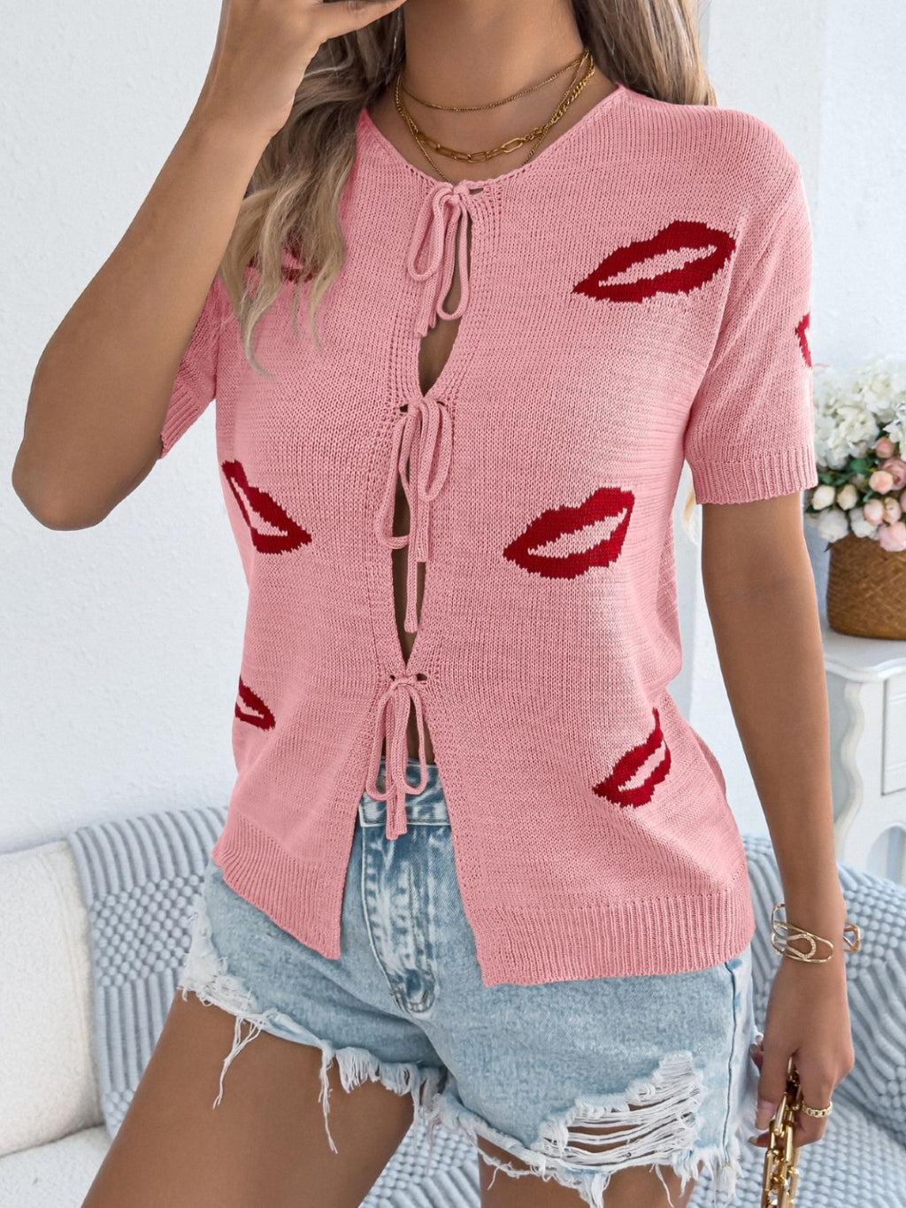 Lips Tie Front Knit Cardigan for Women