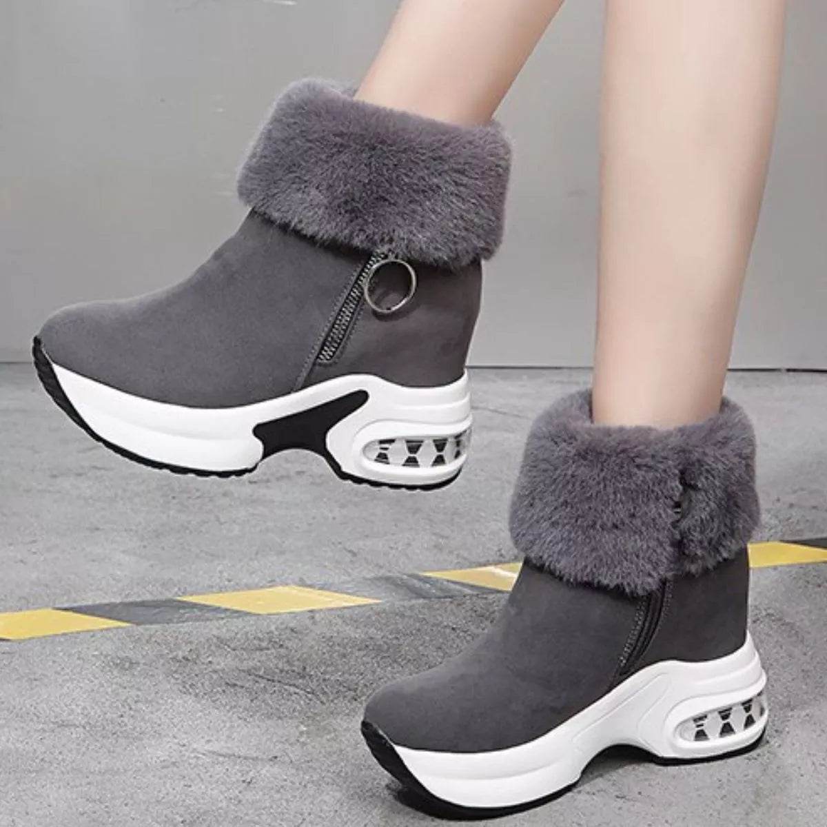 Fuzzy Side Zipper Platform Ankle Boots in Black for Women