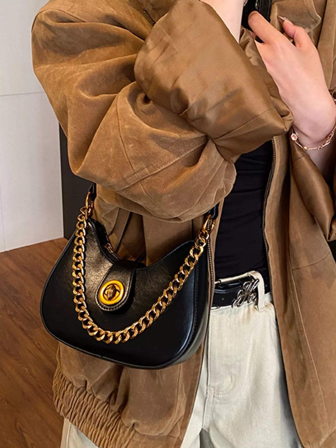 Chain Accent Shoulder Bag in Wine Red for Women