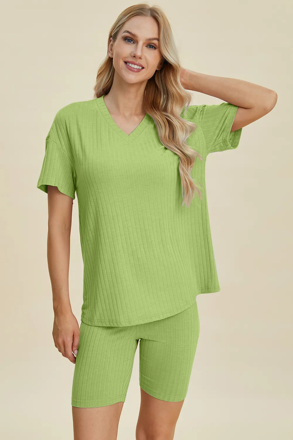 Plus Size Ribbed V-Neck Short Sleeve Top and Shorts Set in Yellow-Green for Women