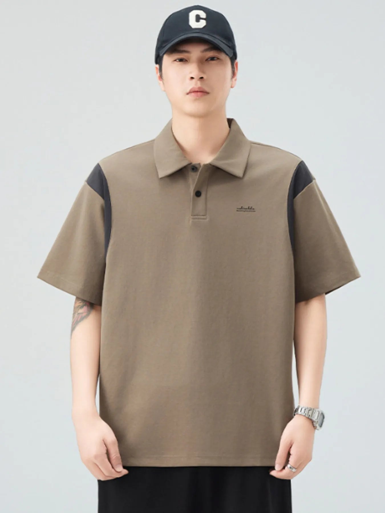 Plus Size Button Detail Short Sleeve Polo in Khaki Green in Light Coffee for Men
