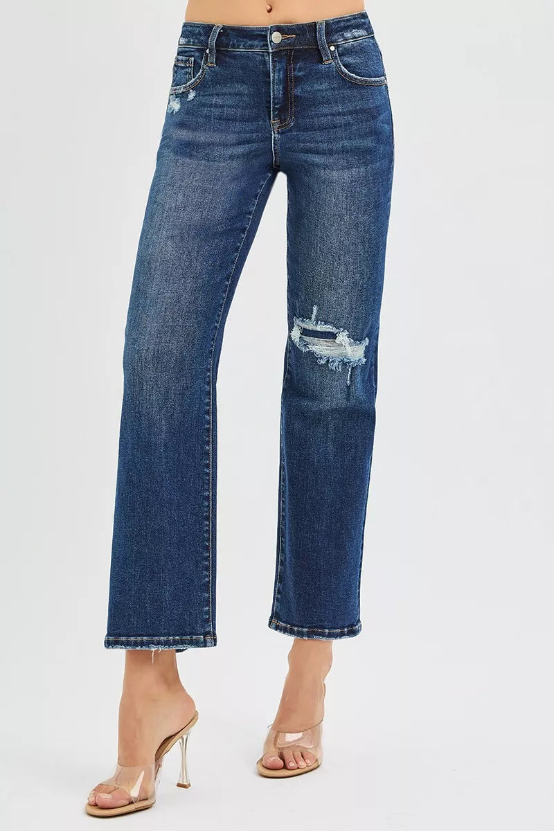 High Rise Crop Slim Straight Jenas with Hidden Knee Patch in Dark for Women