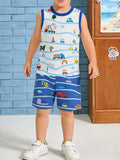 Cartoon Vehicle Print Sleeveless Top & Shorts Set in White for Boys