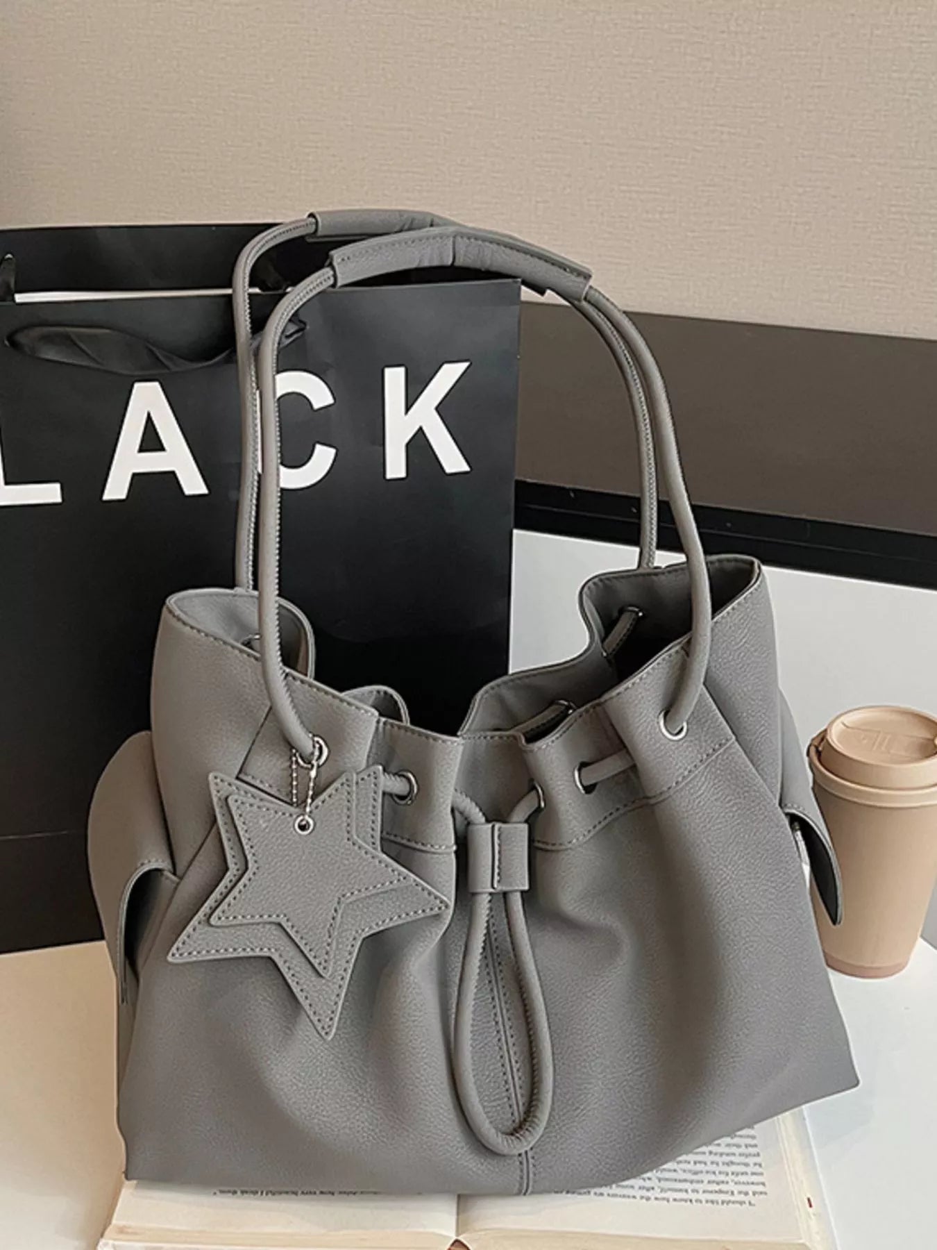 Drawstring Shoulder Bag with Star Charm in Grey for Women