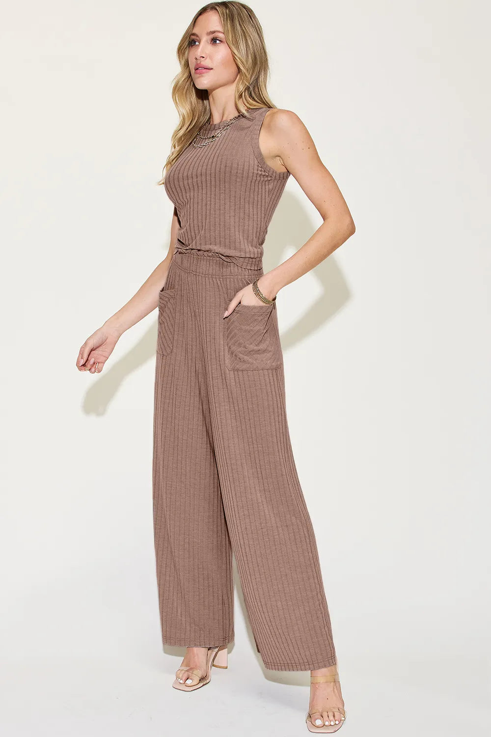 Plus Size Ribbed Tank and Wide Leg Pants Set in Dark Brown for Women