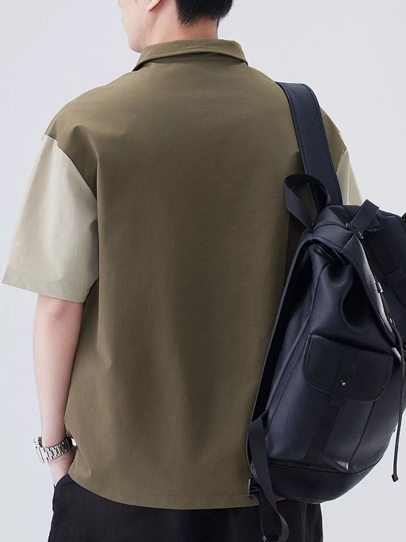 Plus Size Button Detail Short Sleeve Casual Polo in Green for Men