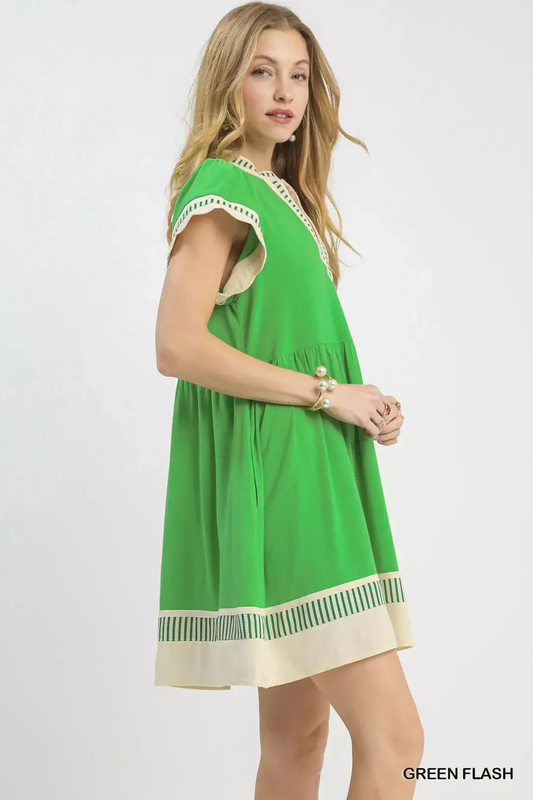 Linen Color Block Flutter Sleeve Dress in Green Flash for Women