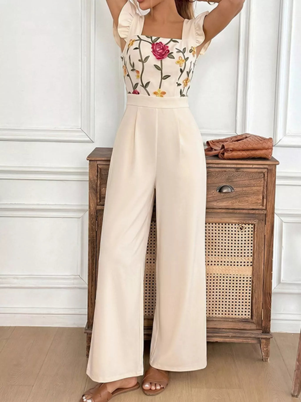Floral Embroidered Ruffle Trim Jumpsuit in Beige for Women