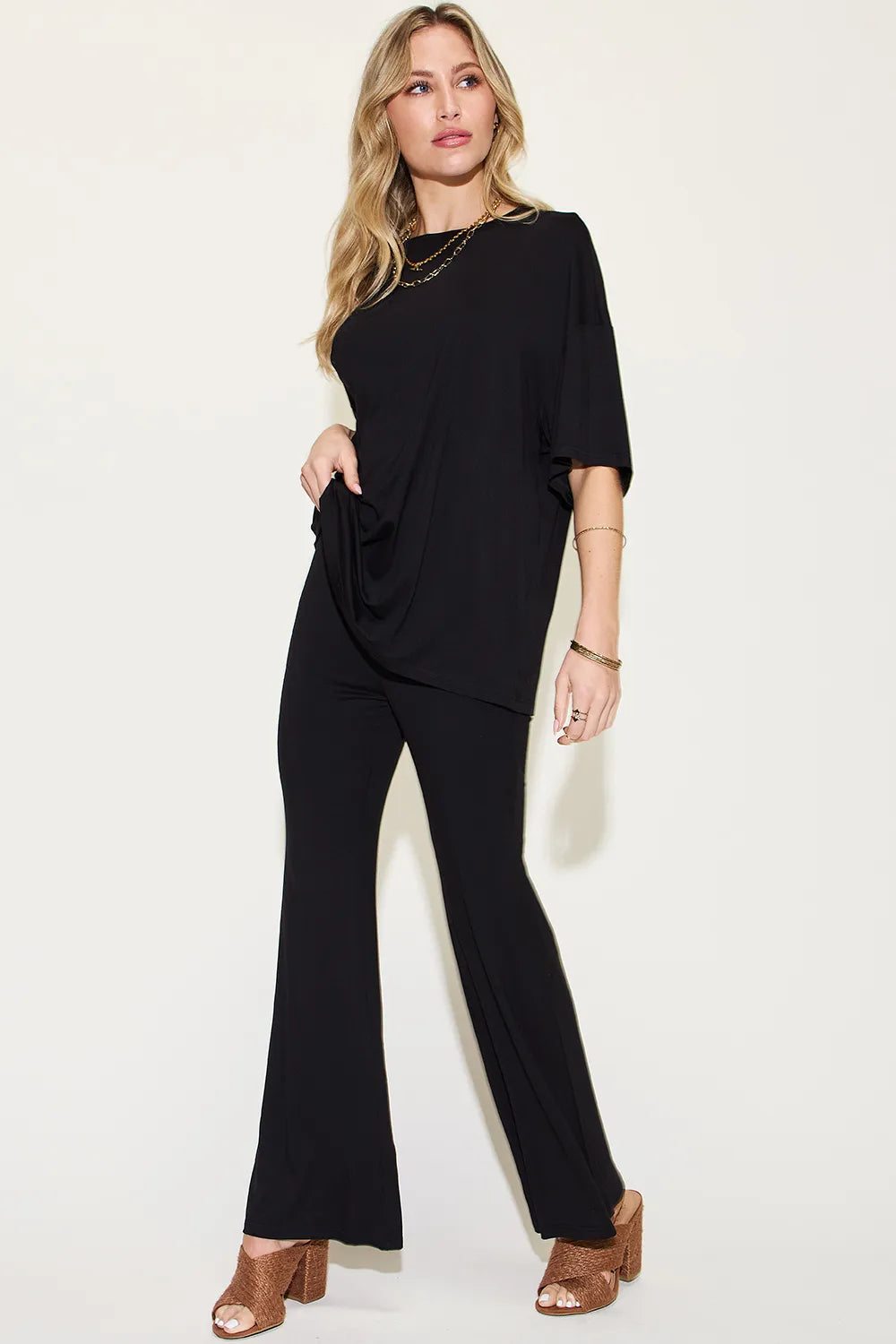 Plus Size Bamboo Drop Shoulder T-Shirt and Flare Pants Set in Sage for Women