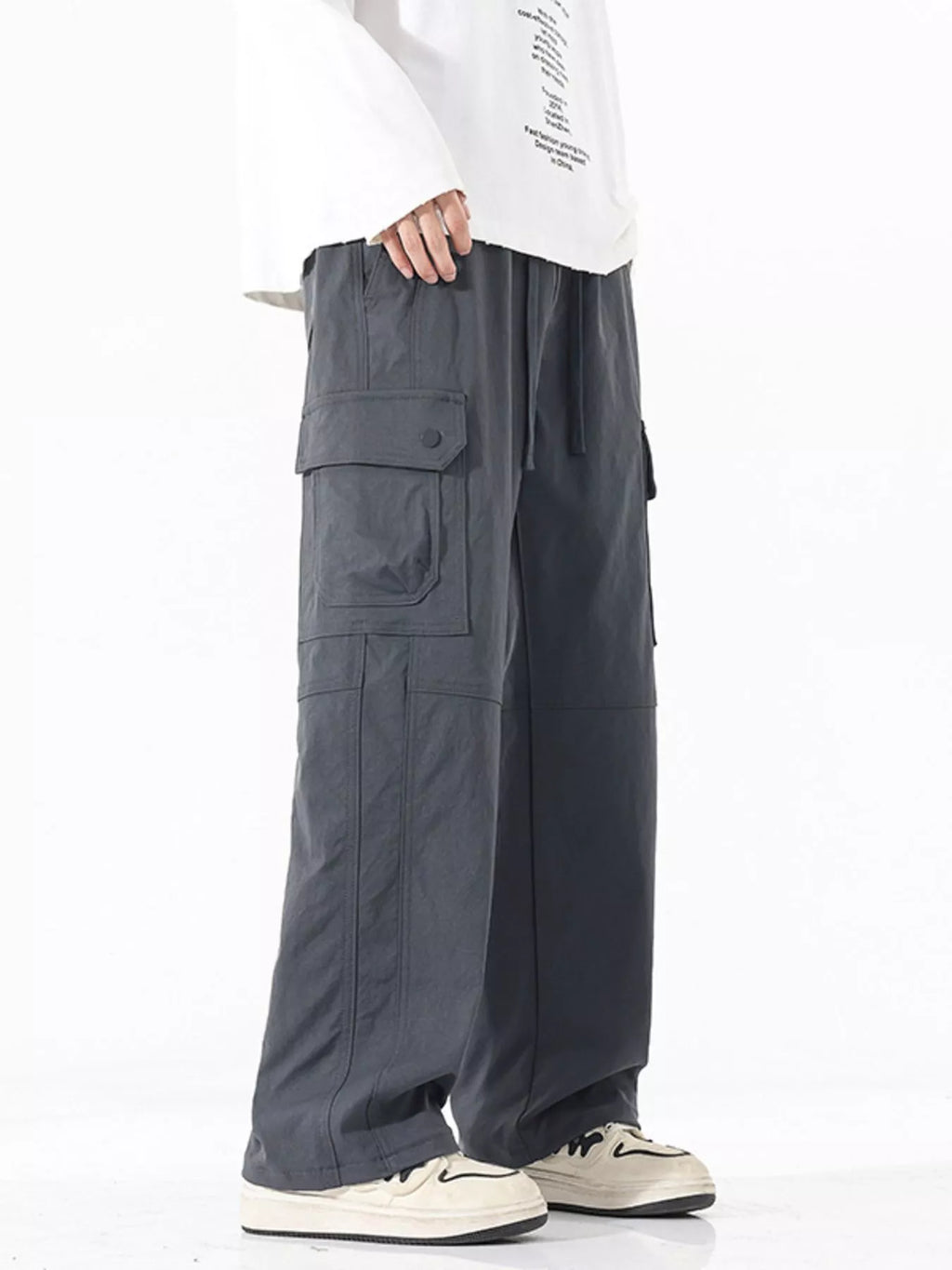 Drawstring Cargo Wide Leg Pants Plus Size in Modern Gray for Men