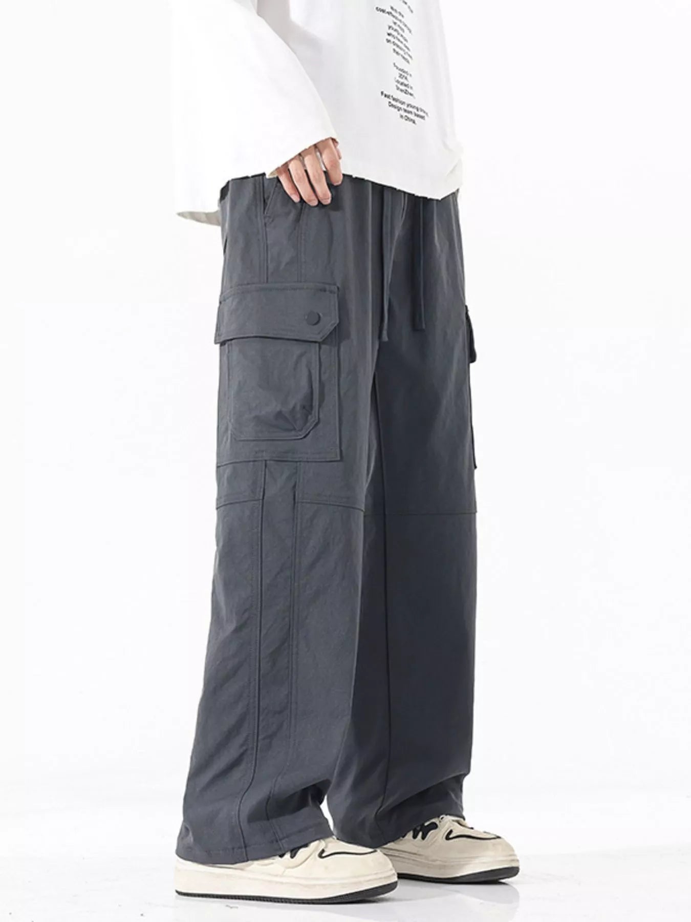 Drawstring Cargo Wide Leg Pants Plus Size in Modern Gray for Men