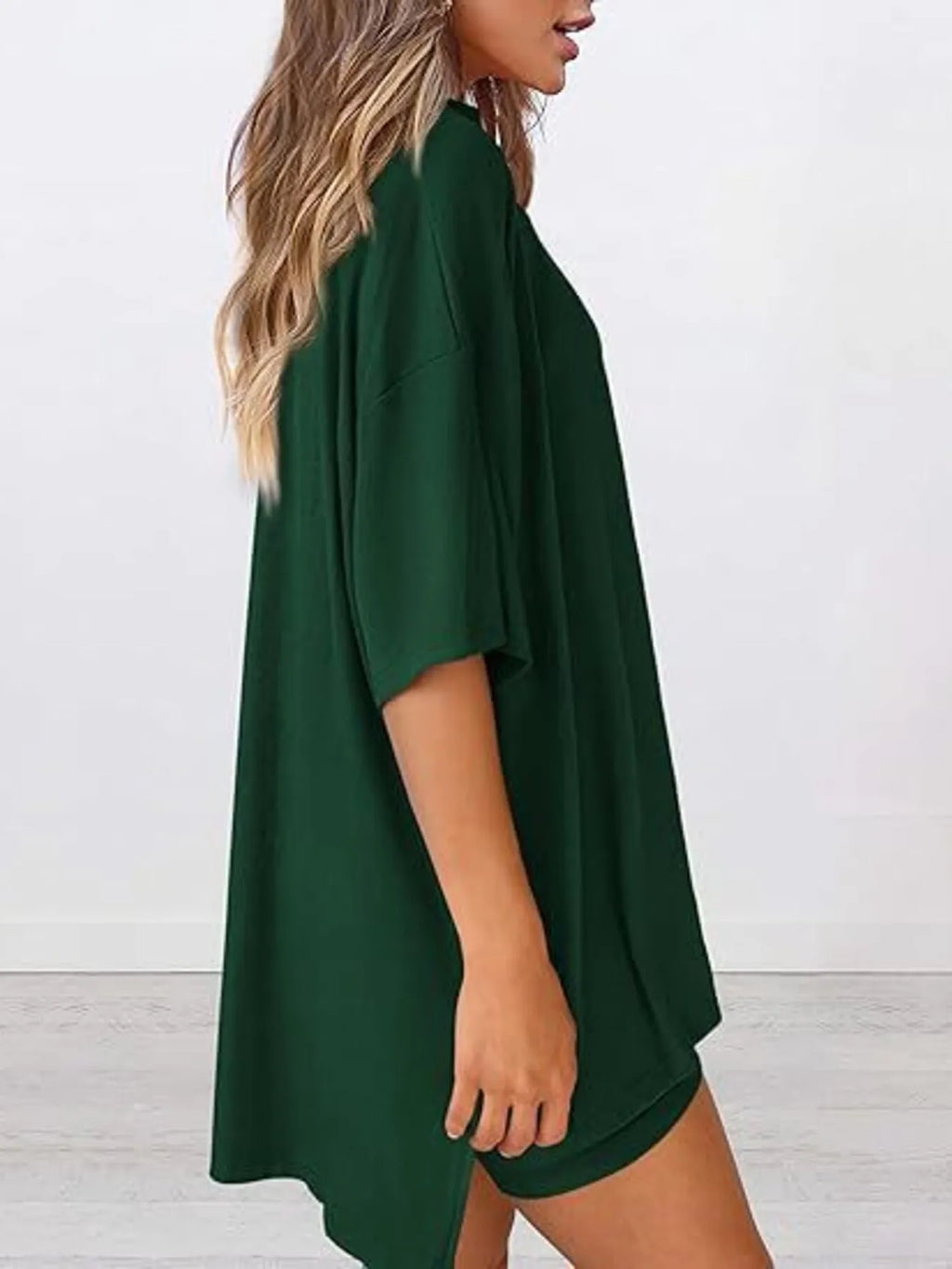 Oversized Slit Round Neck Top and Shorts Lounge Set Plus Size in Black for Women
