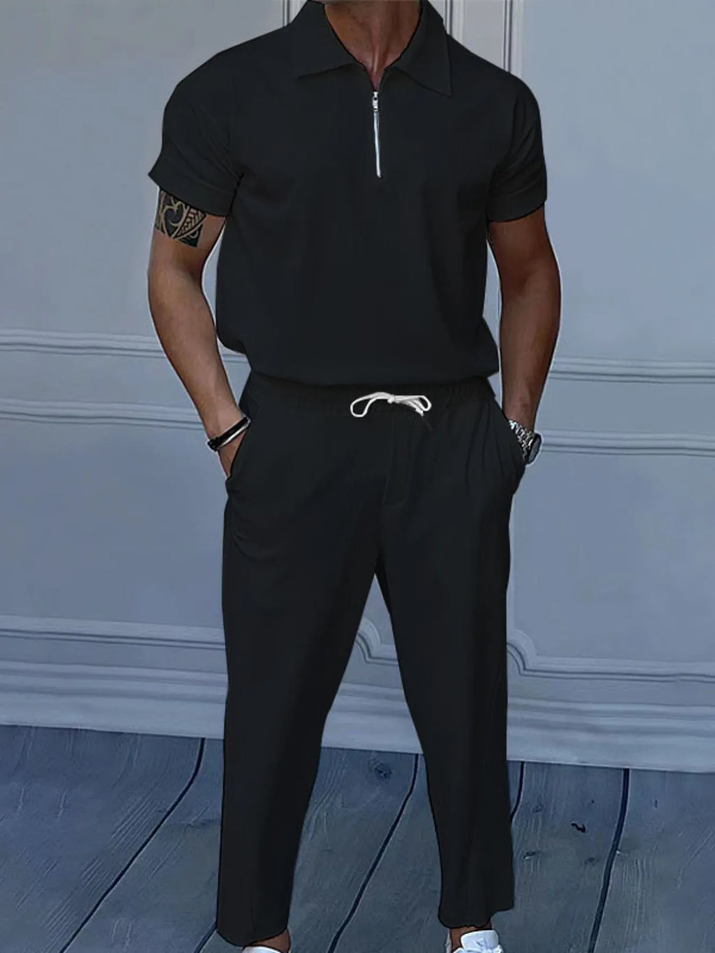 Quarter Zip Short Sleeve Polo and Pants Set Plus Size in Black for Men