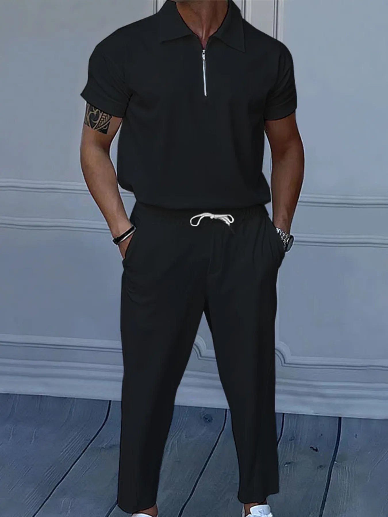 Quarter Zip Short Sleeve Polo and Pants Set Plus Size in Black for Men
