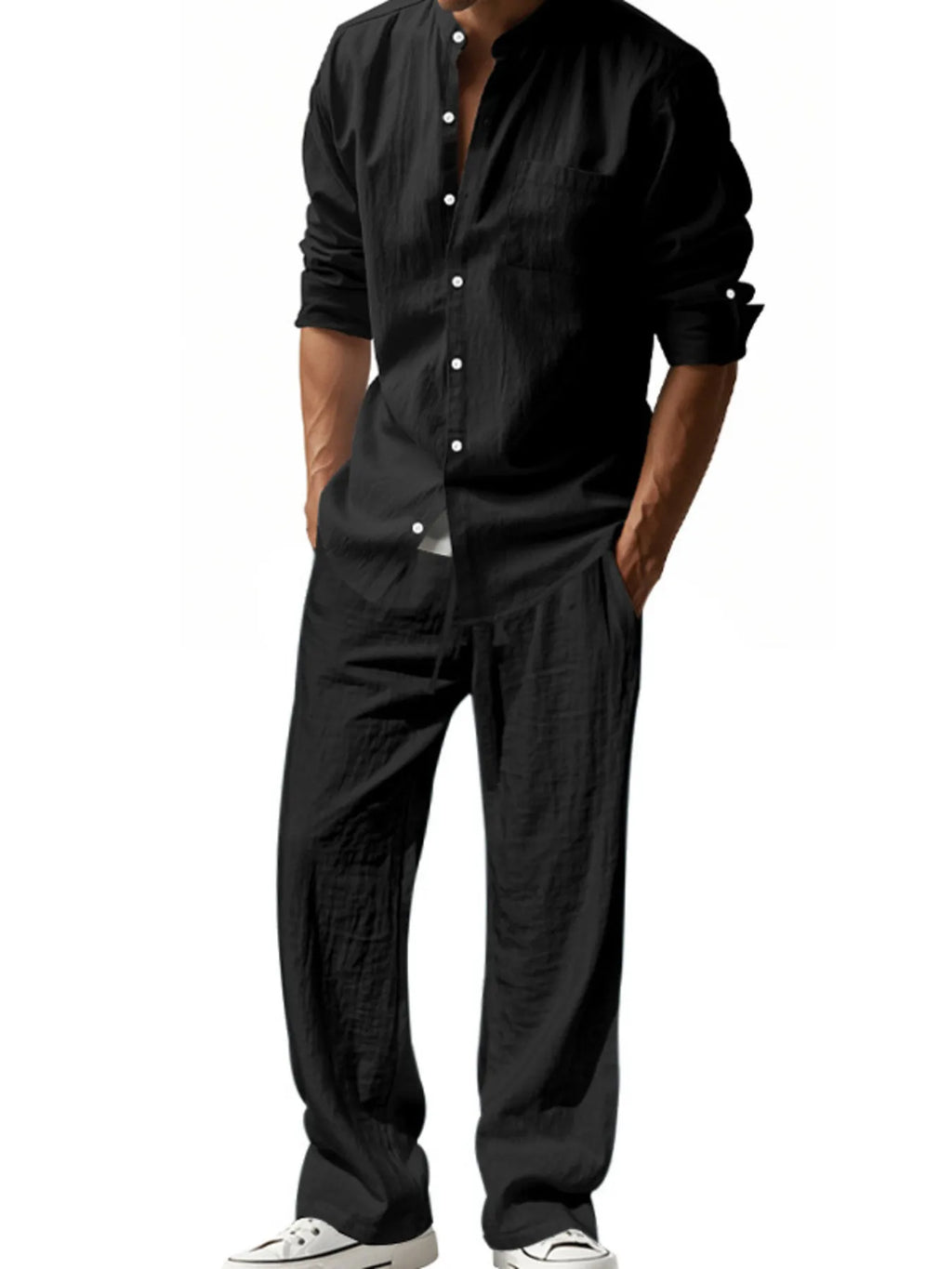 Button Up Shirt and Pants Set Plus Size in White for Men