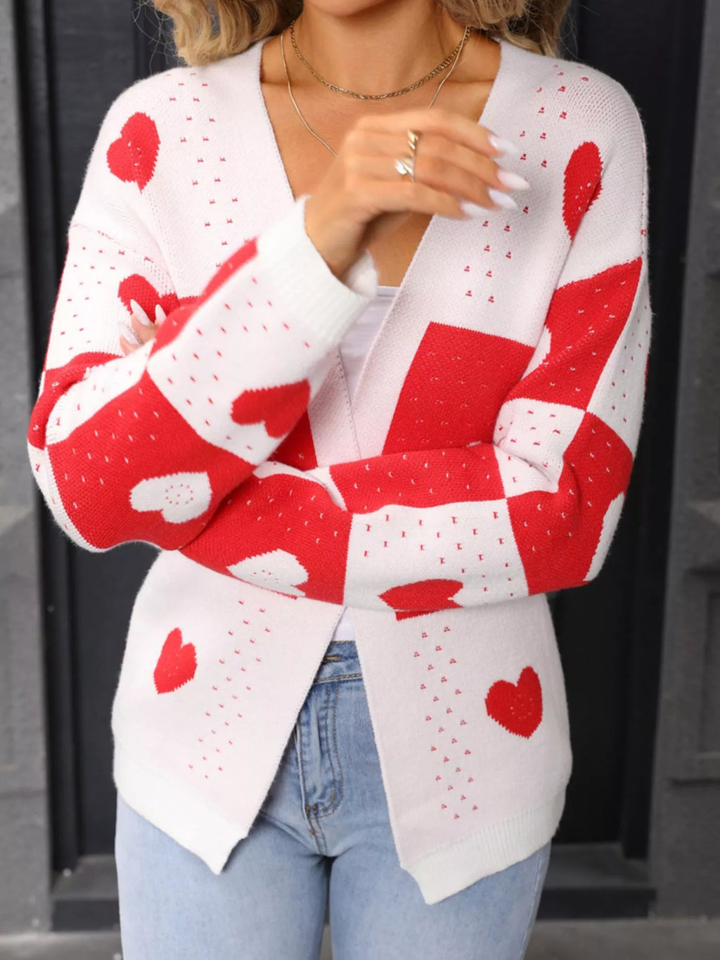 Valentines Day Heart Pattern Knit Cardigan in Deep Red for Women