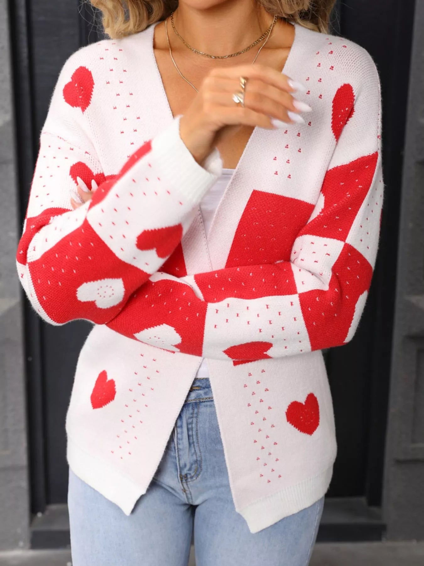 Valentines Day Heart Pattern Knit Cardigan in Deep Red for Women