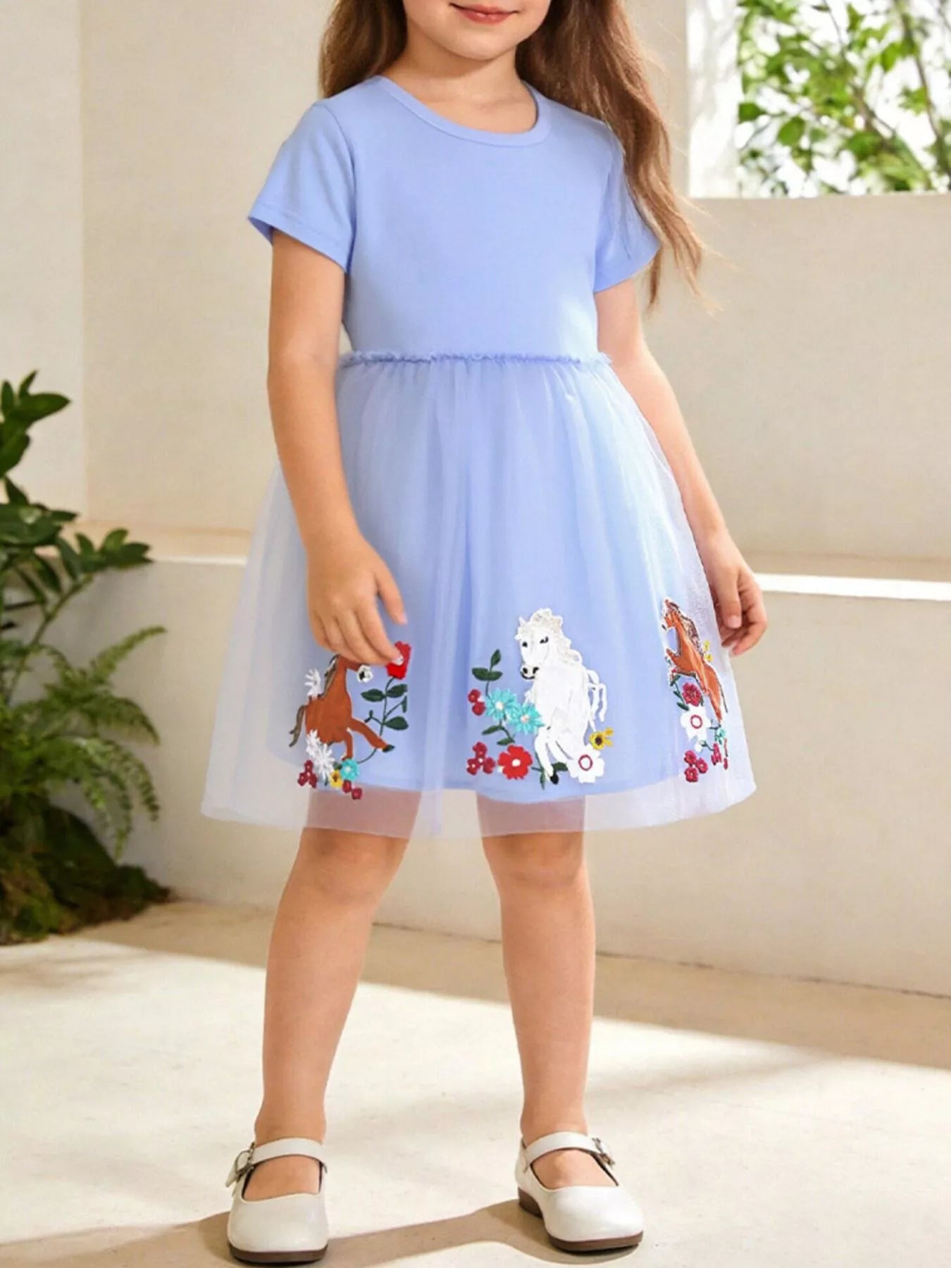 Horse Embroidered Tulle Dress in Dusty Blue for Girls