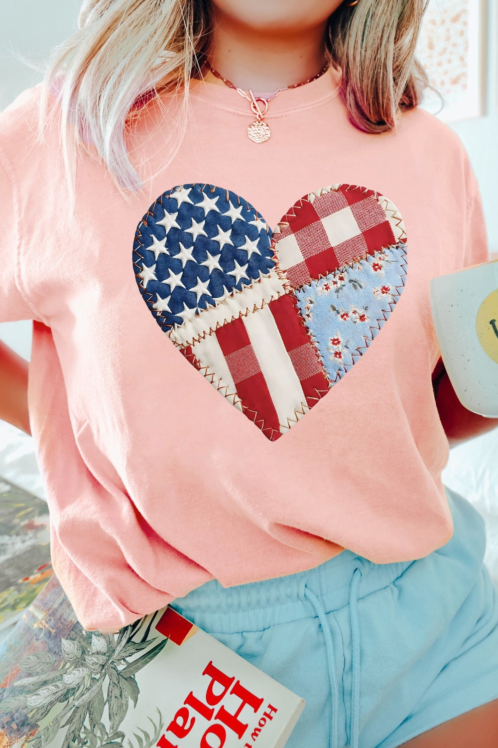 Patriotic Heart Round Neck Tee in Pale Blush for Women