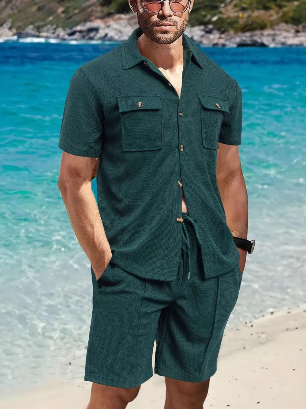 Button Down Short Sleeve Top and Shorts Set Plus Size in Deep Teal for Men
