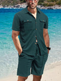 Button Down Short Sleeve Top and Shorts Set Plus Size in Deep Teal for Men