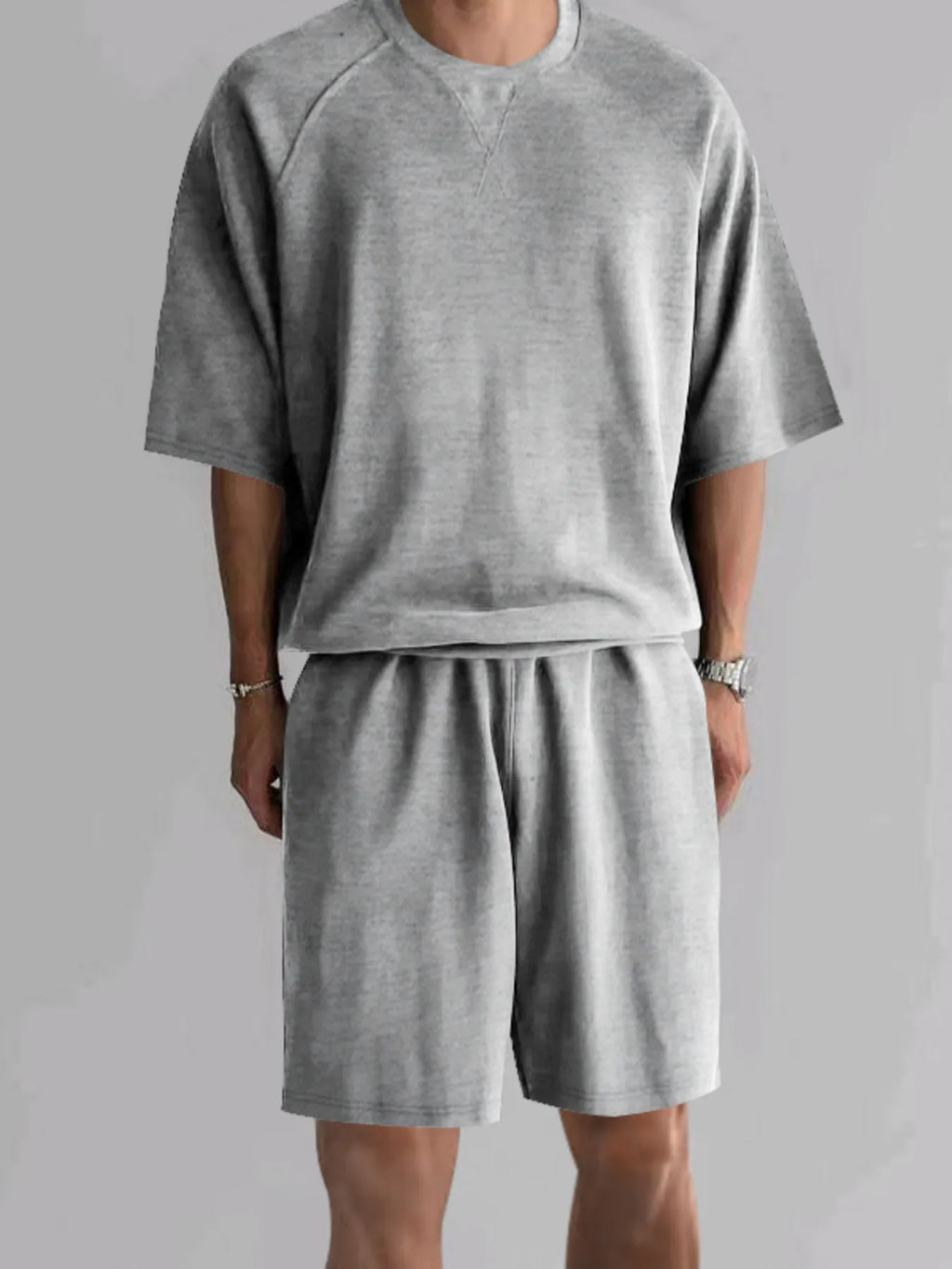 Round Neck Top and Shorts Set Plus Size in Black for Men
