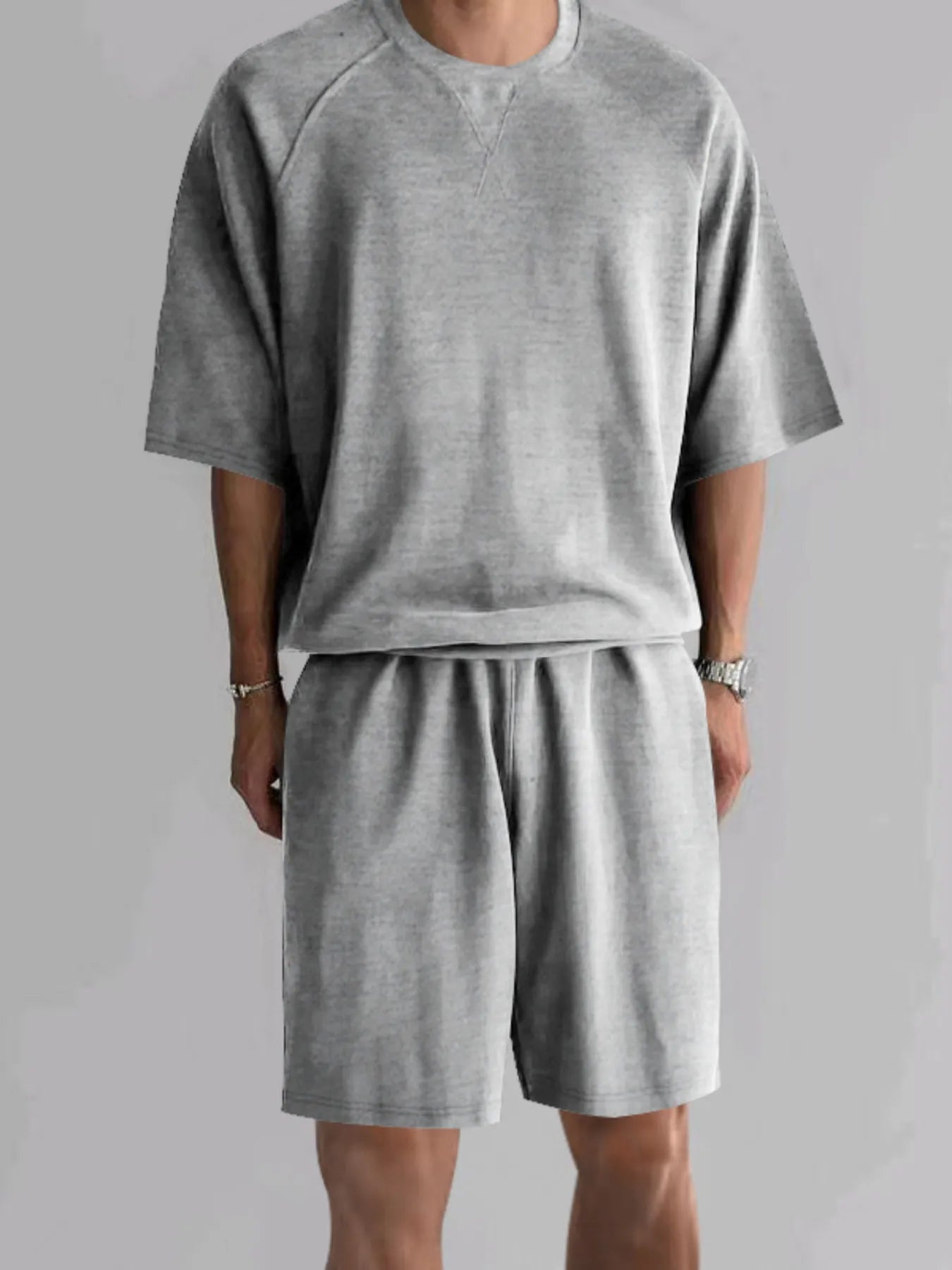 Round Neck Top and Shorts Set Plus Size in Black for Men