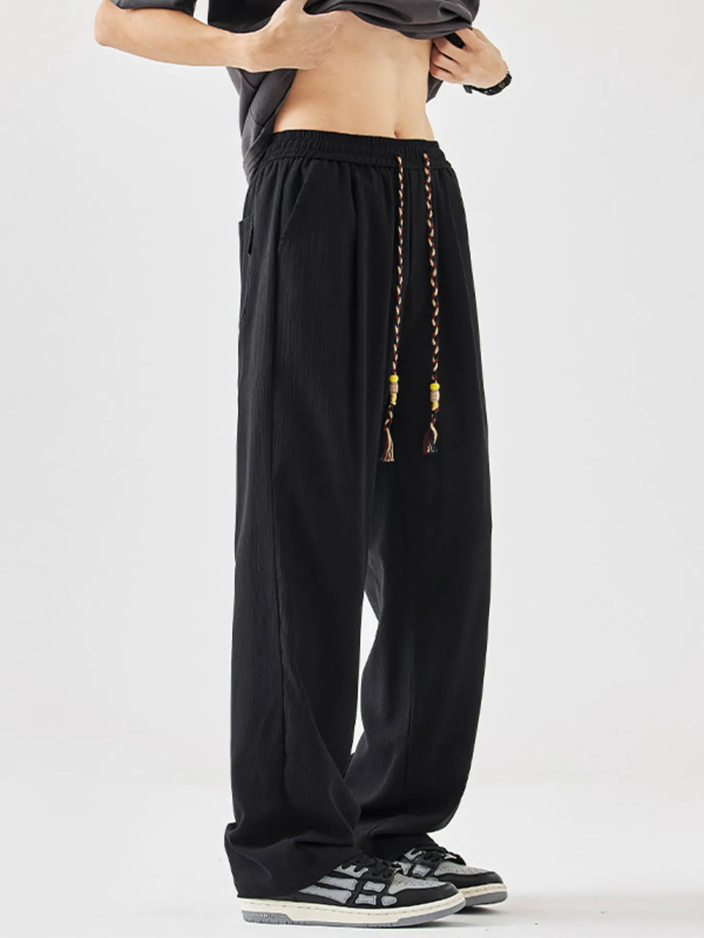 Plus Size Loose Fit Drawstring Pants in Black for Men