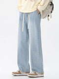 Drawstring Wide Leg Jeans Plus Size in Light Blue for Men