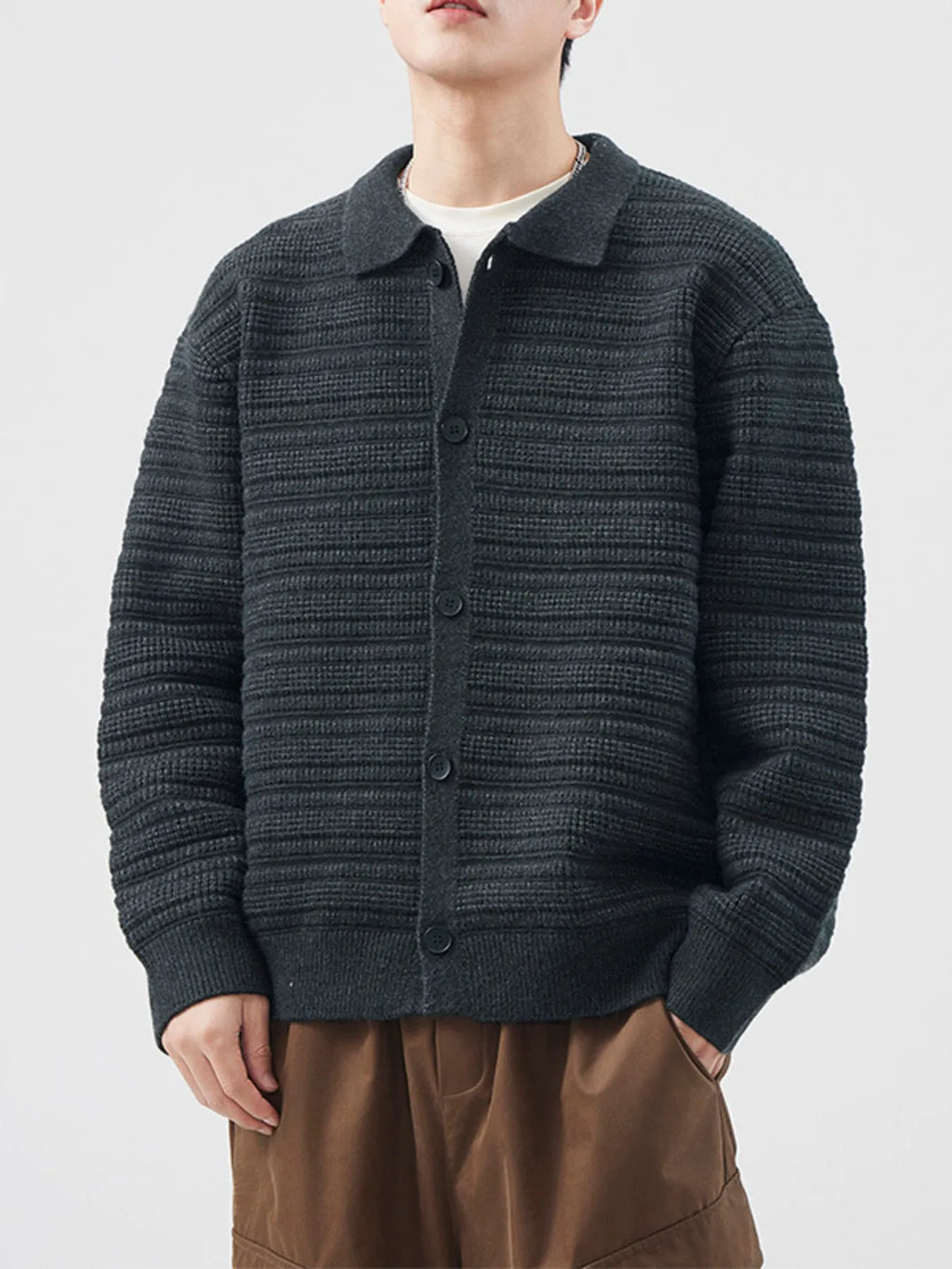 Plus Size Button Up Long Sleeve Cardigan in Gray Green for Men